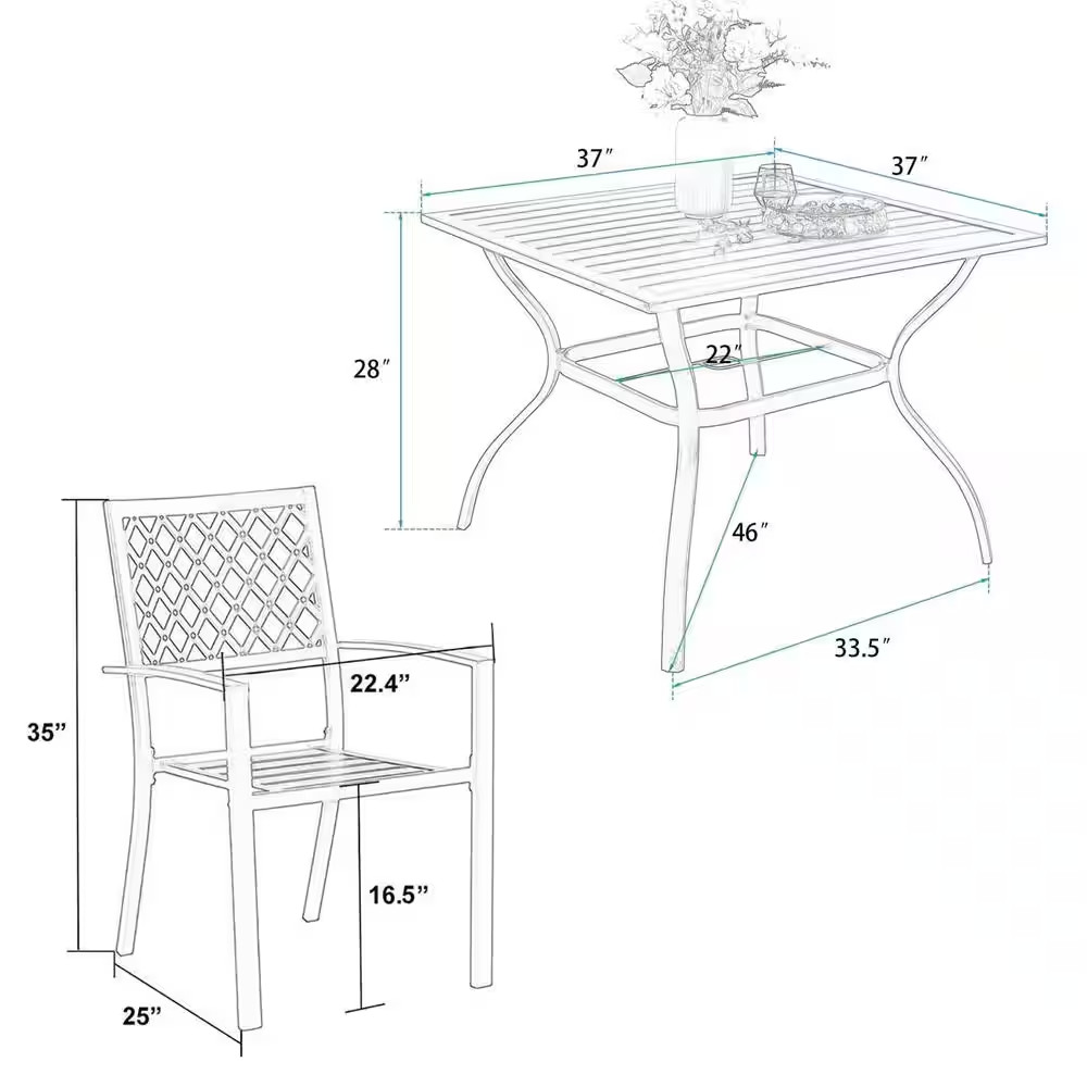 Black 5-Piece Metal Outdoor Patio Dining Set with Slat Square Table and Elegant