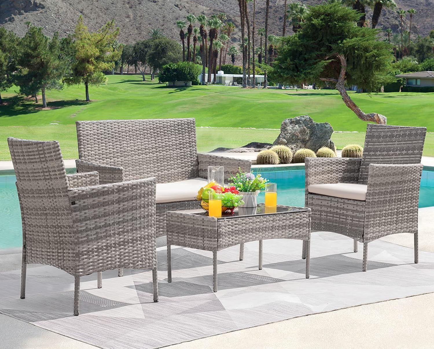 Patio Furniture 4 Pieces Conversation Sets Outdoor Wickerr Rattan Chairs Garden