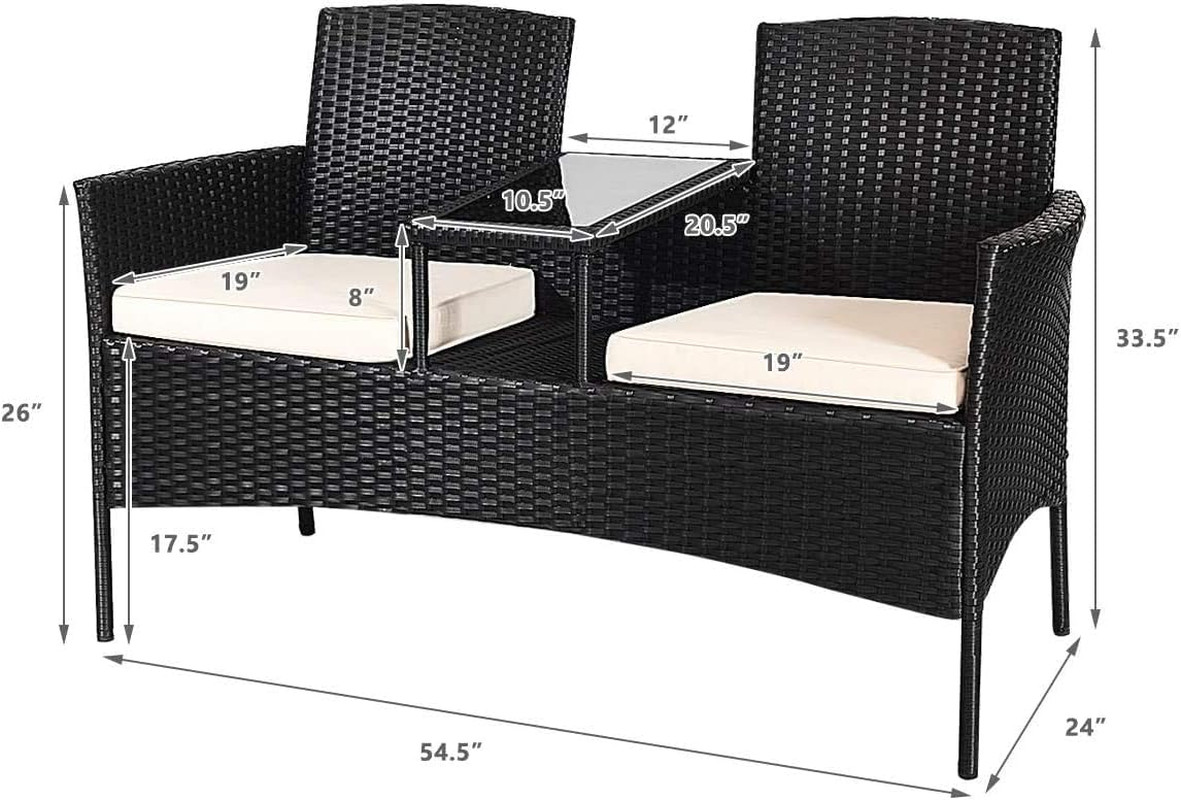 HAPPYGRILL Rattan Wicker Loveseat with Coffee Table Outdoor Patio Loveseat Conve