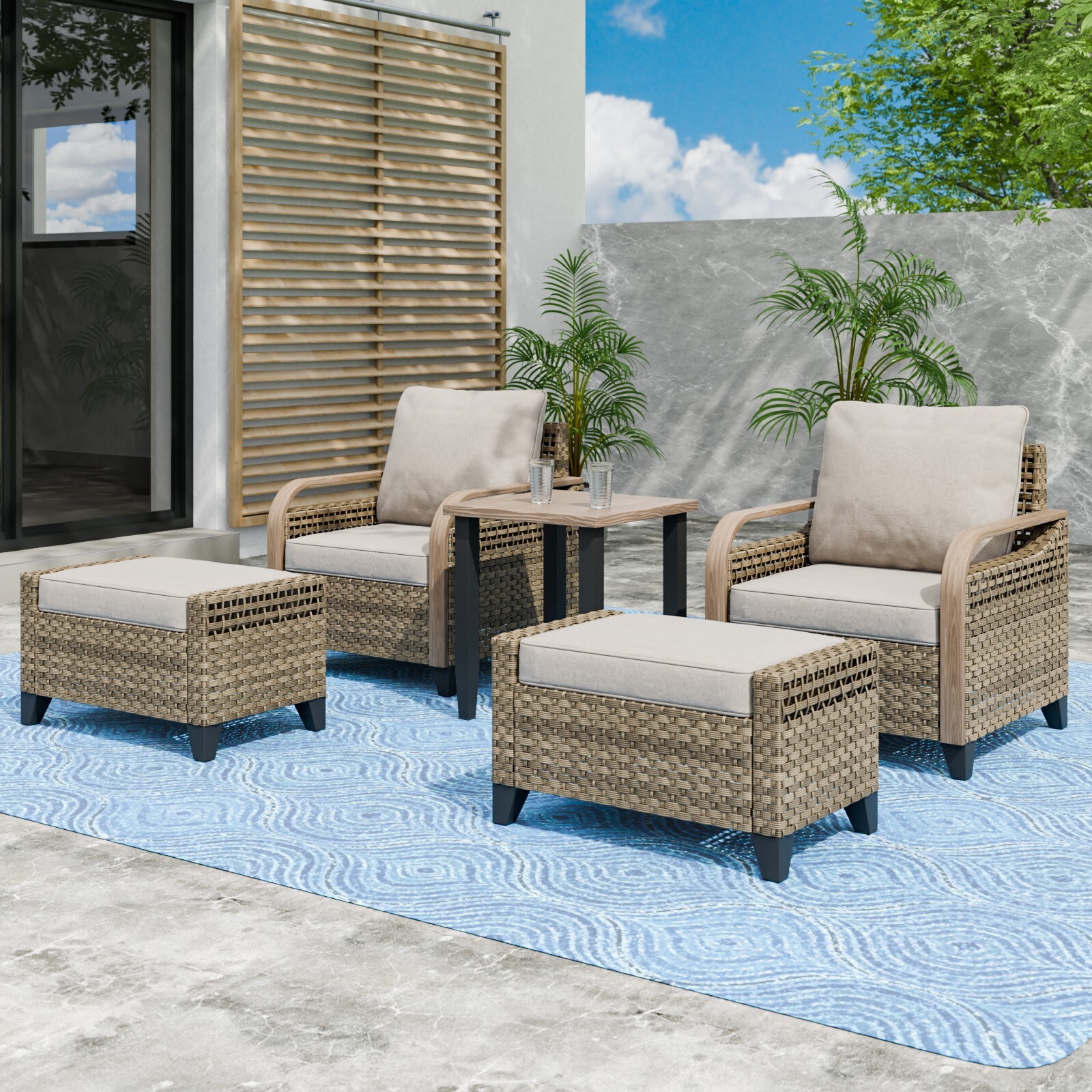 EAGLE PEAK 5 Piece Wicker Outdoor Patio Furniture Set with Ottomans