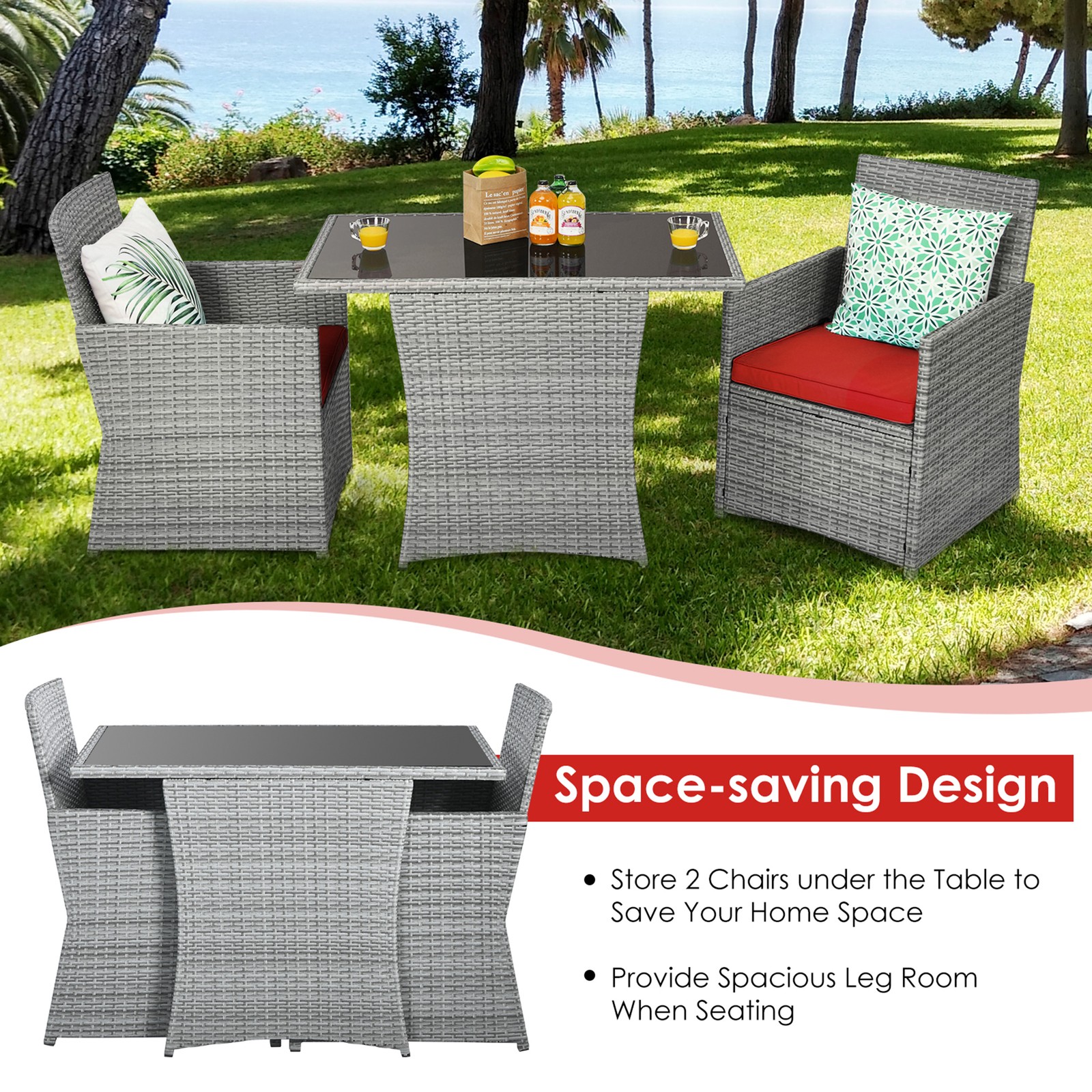 3PCS Outdoor Rattan Conversation Set Patio Dining Table Set w/ Red Cushions