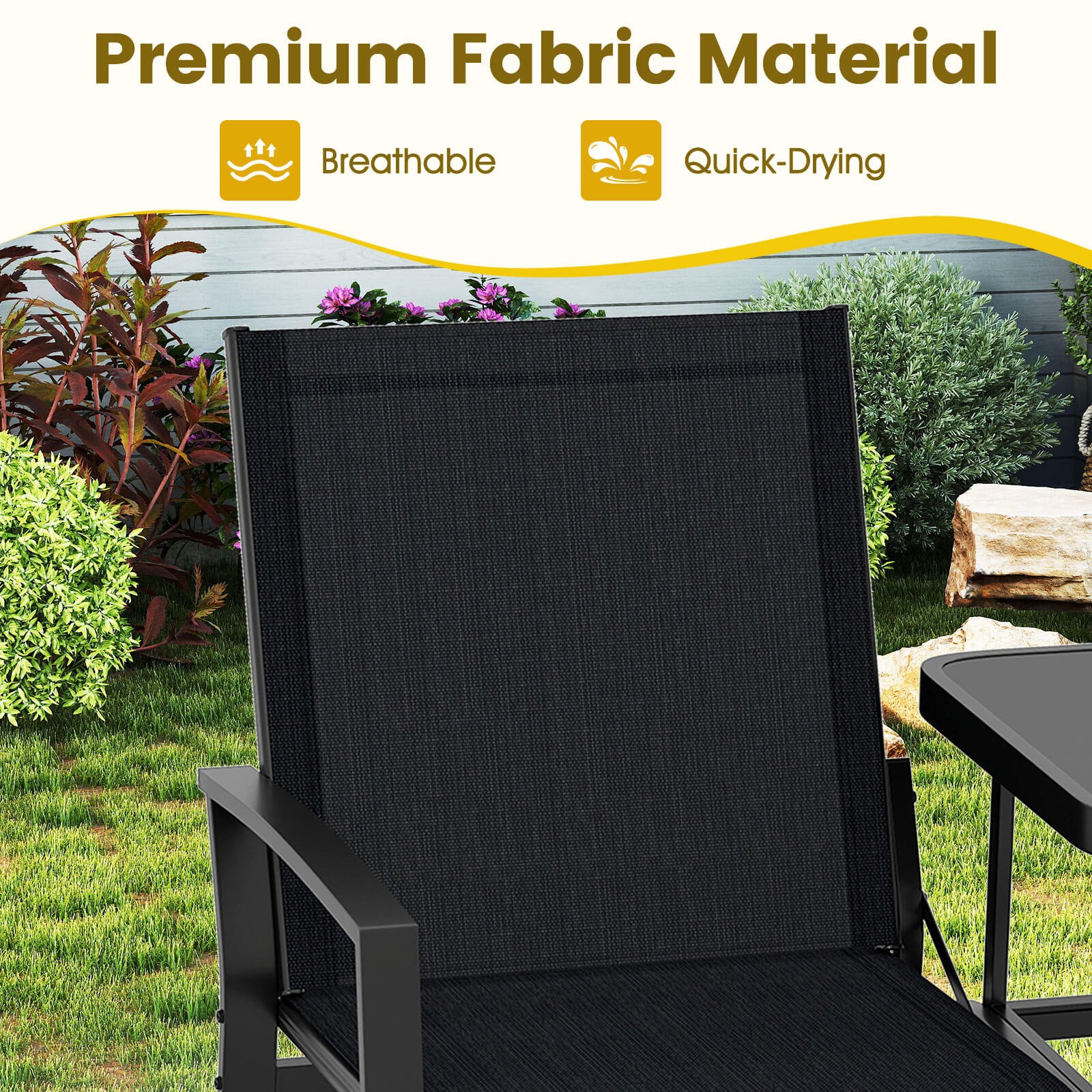 Patio Loveseat w/Built-in Table, Breathable Fabric Back and Seat, Metal Frame