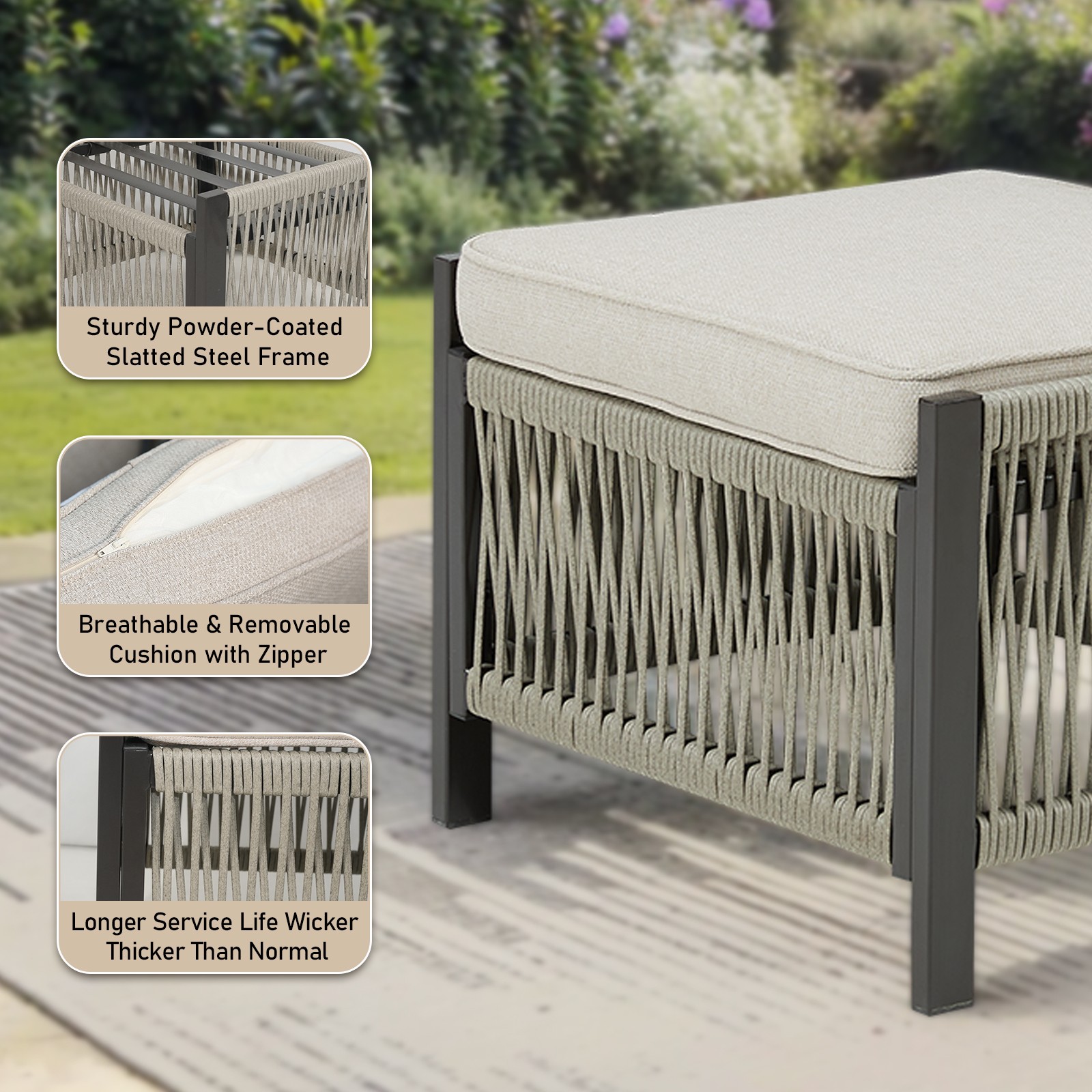 Outdoor PE Wicker Ottomans Set of 2 with Beige Cushion for Patio