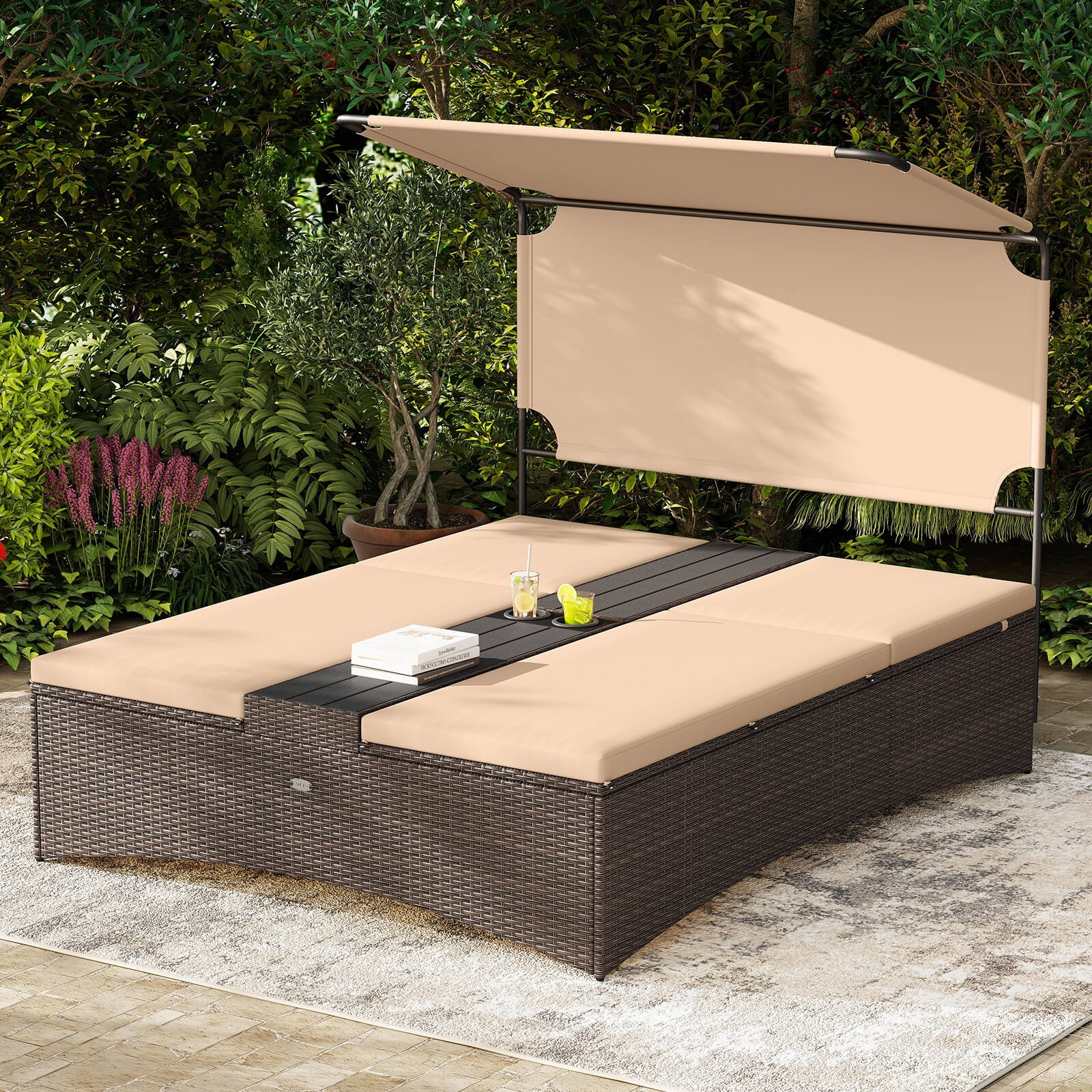 Outdoor Daybed with Adjustable Backrests 2-Person PE Rattan Patio Bed w/ Canopy