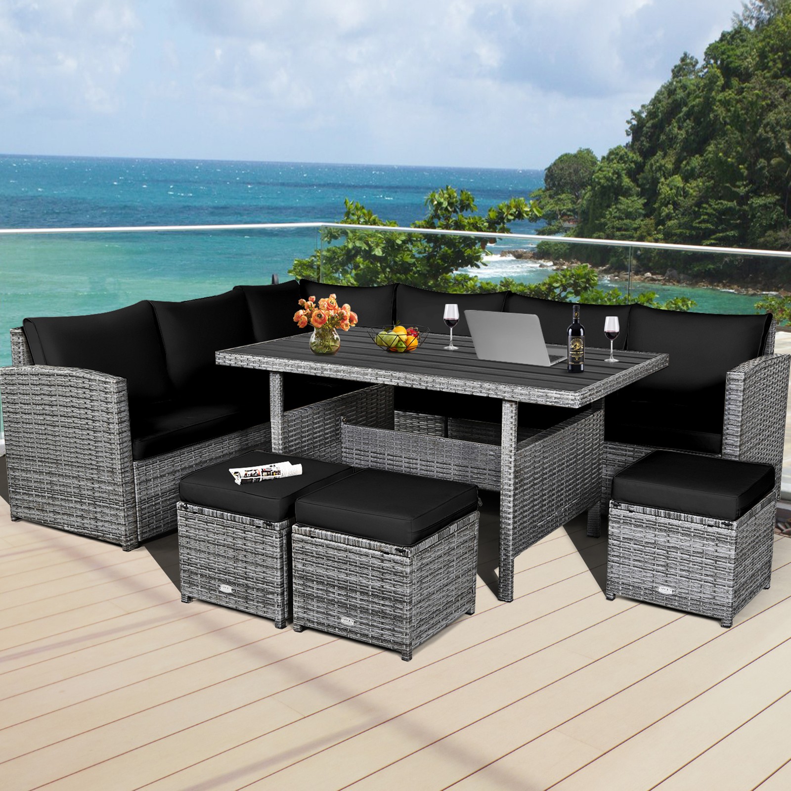 7PCS Rattan Patio Sectional Sofa Set Conversation Set w/ Black Cushions
