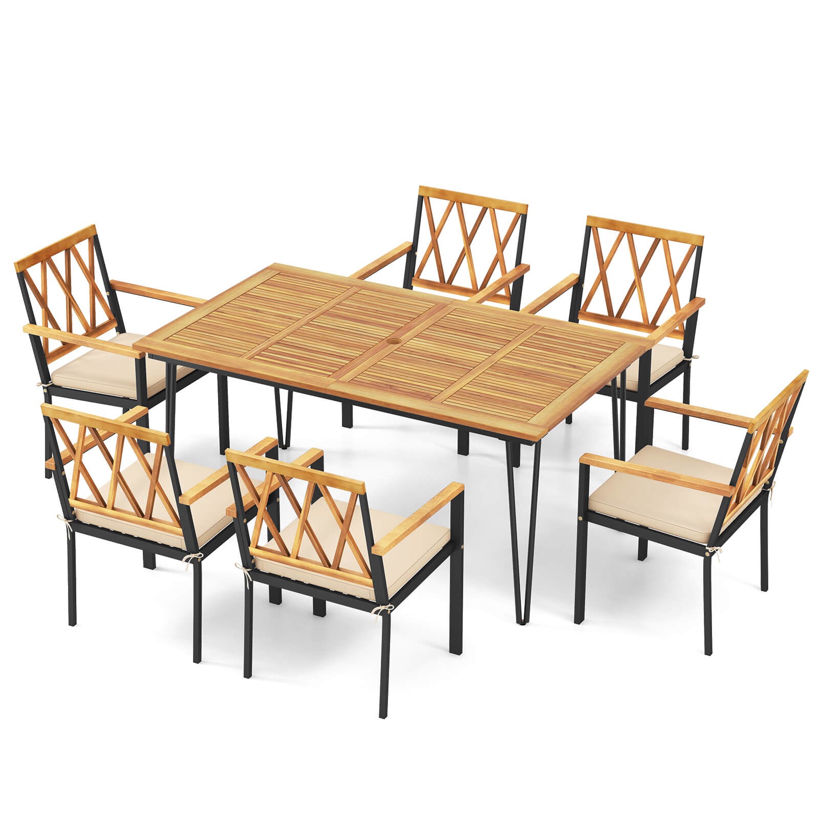 7 PCS Patio Dining Set with 2″ Umbrella Hole and Seat Cushions for Garden