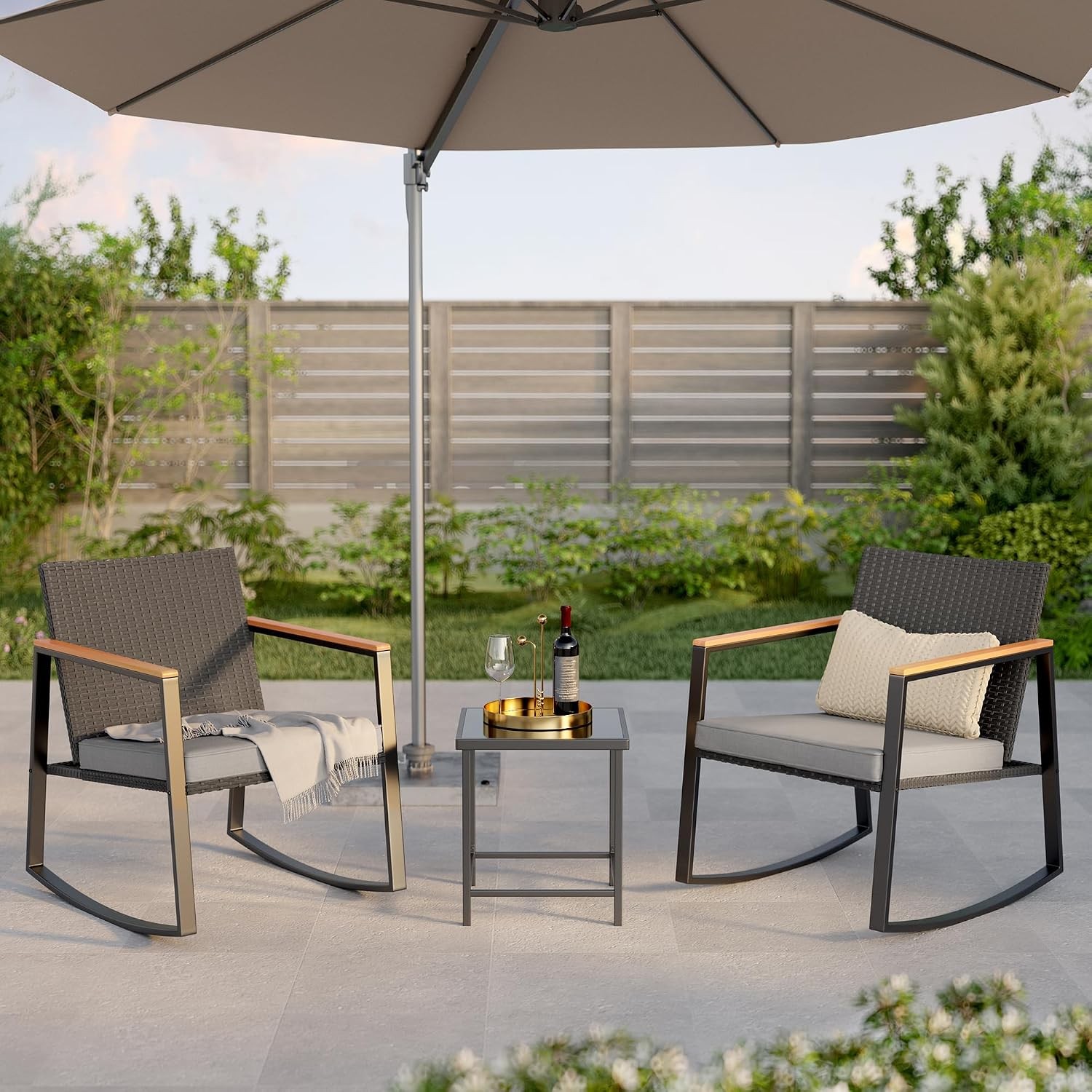 3 Pieces Rocking Patio Bistro Set W/ Anti-Scald Armrest Outdoor Patio Wicker