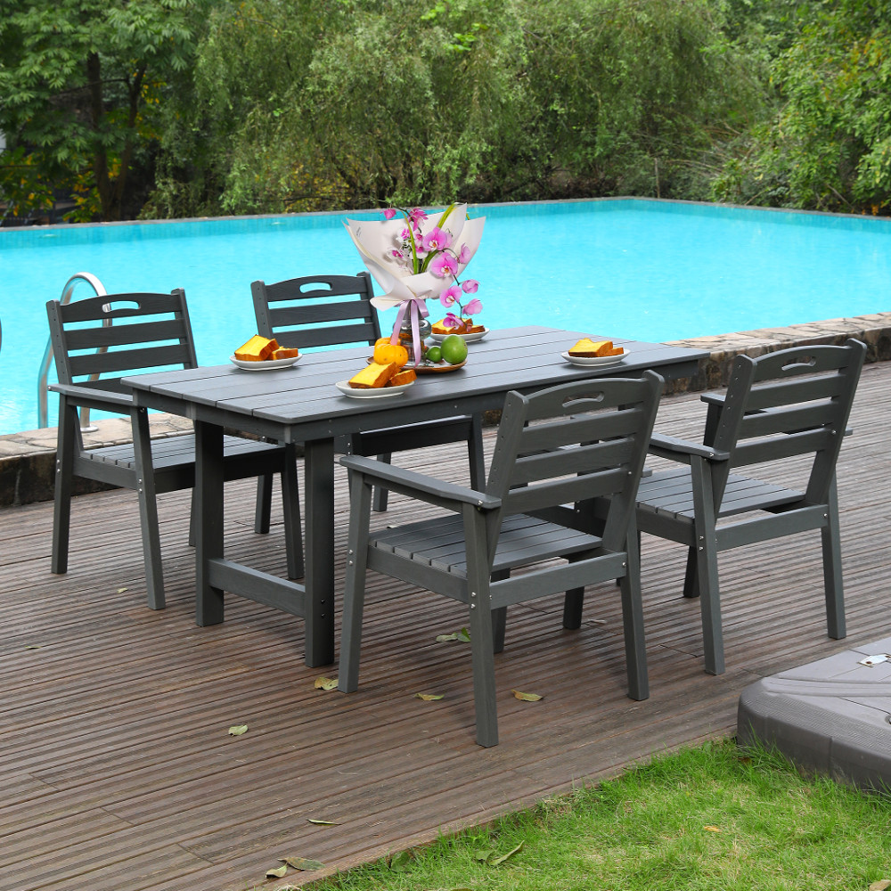 HDPE Patio Dining Set 4 Chairs W/ Umbrella Hole Gray Waterproof Furniture