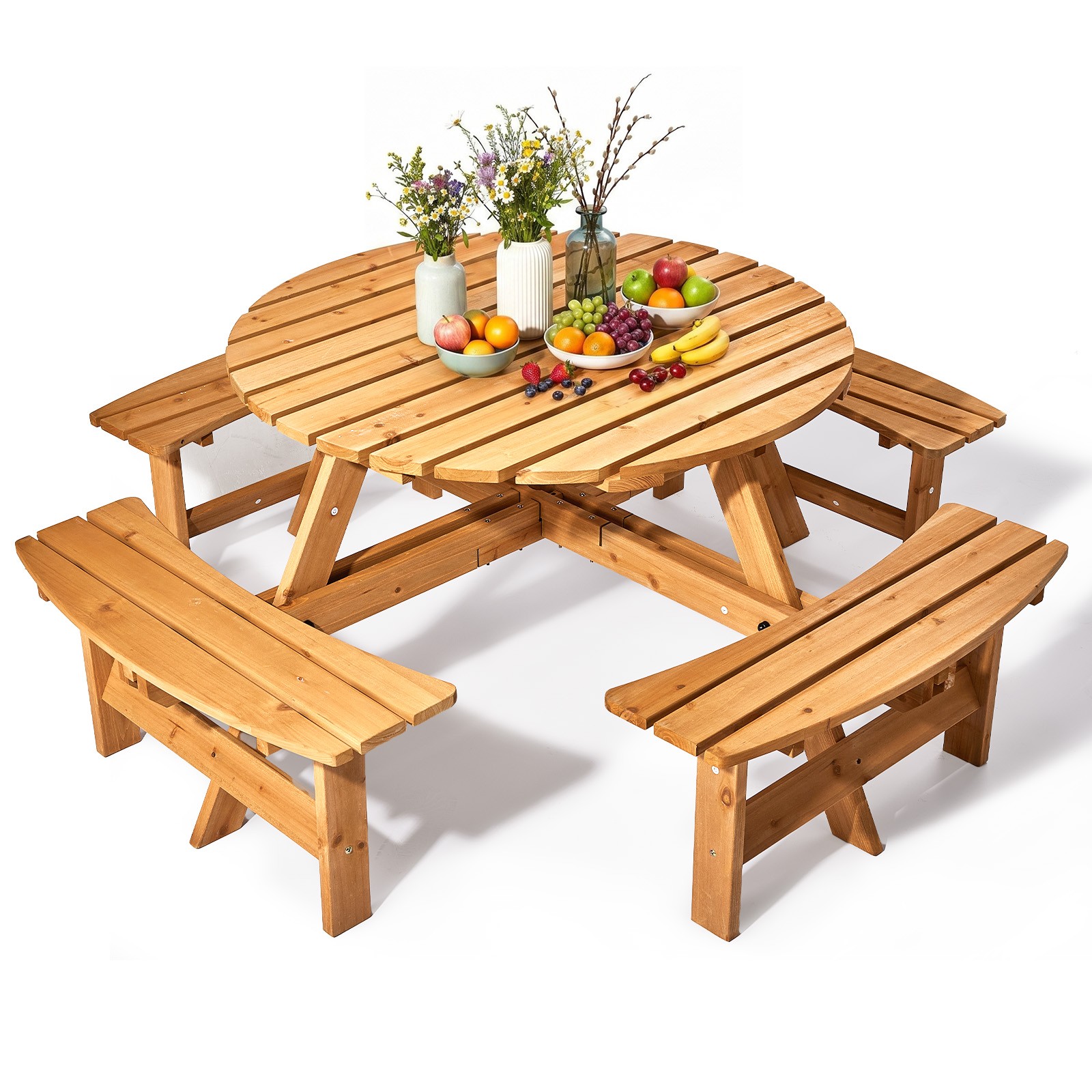 Patio 8-Person Wooden Table Set with 4 Benches, Umbrella Hole for Indoor Outdoor