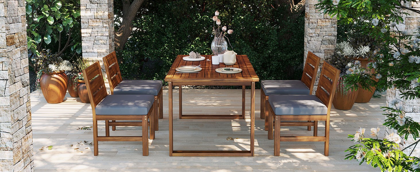 Acacia Wood Outdoor Dining Set for 4 with Cushions, Farmhouse Style