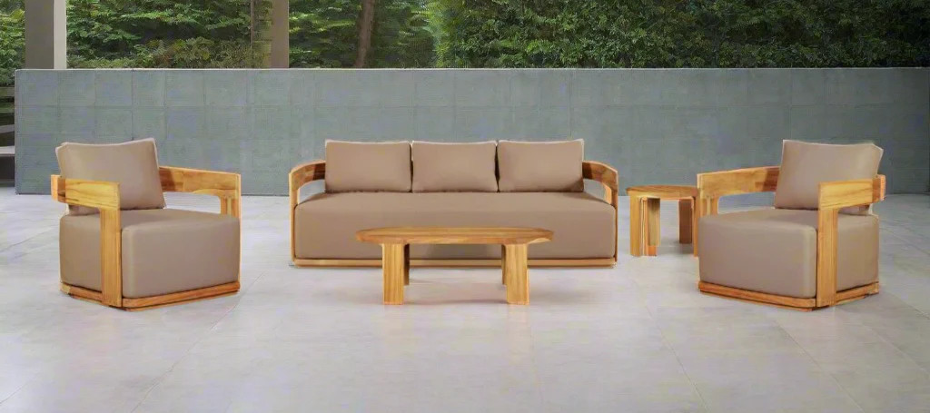 Eclipse Outdoor solid Teak Wood Sofa Set – light brown fabric Sofa + 2 Revolvin