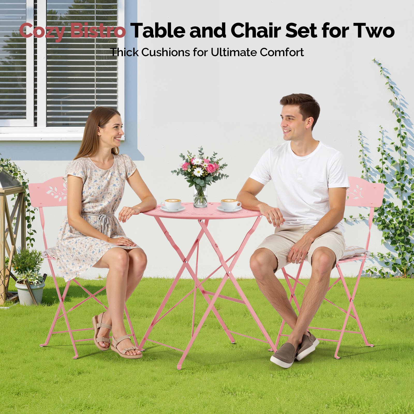 Folding Bistro Table Chairs Dining Set of 3 with Seat Cushions for In/Outdoor
