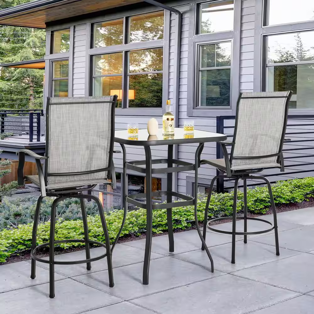 Black 3-Piece Metal and Textilene Outdoor Patio Bar Set with Swivel Bar Stools