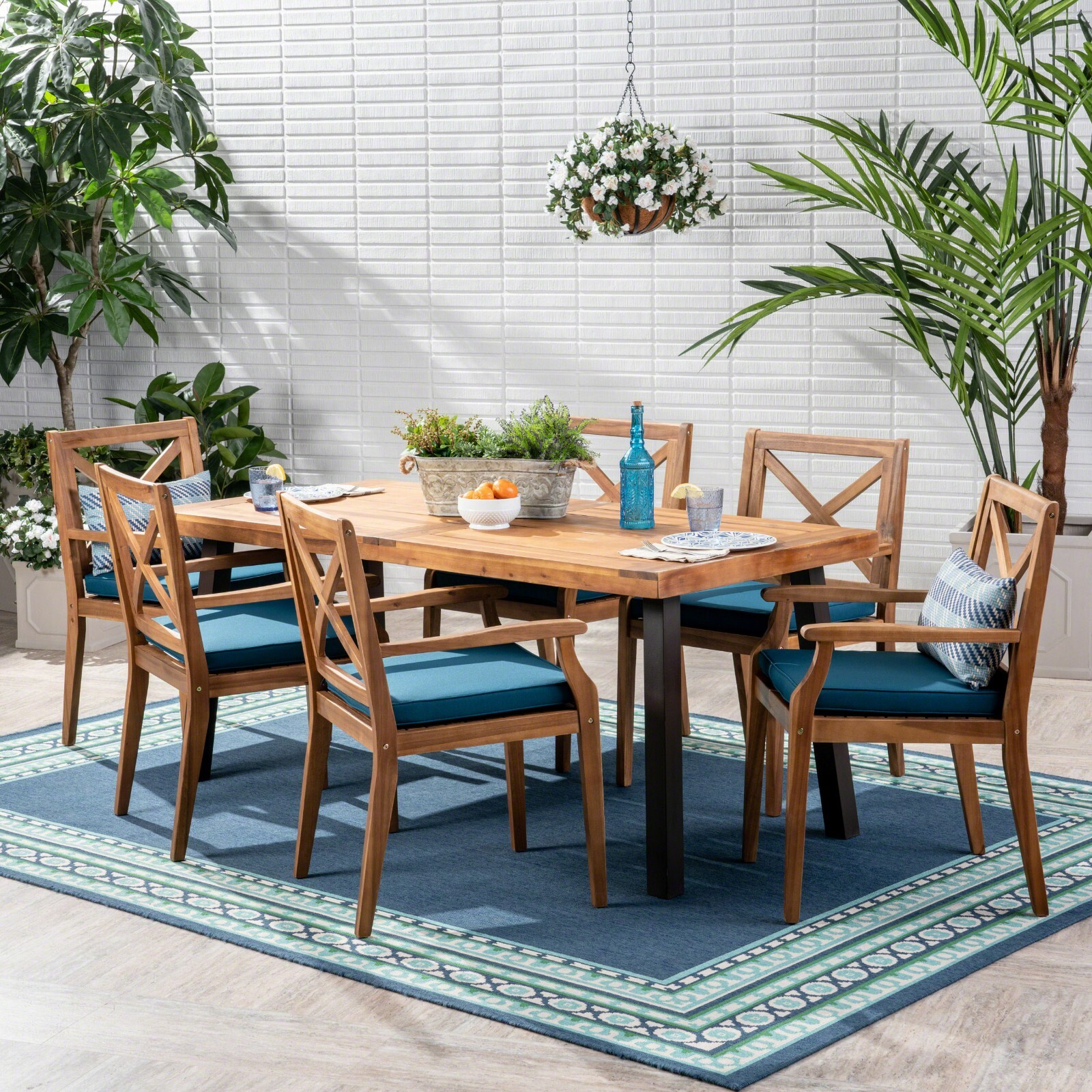 Justin Outdoor Farmhouse Slat-Top 7 Piece Acacia Wood Dining Set with Cushions