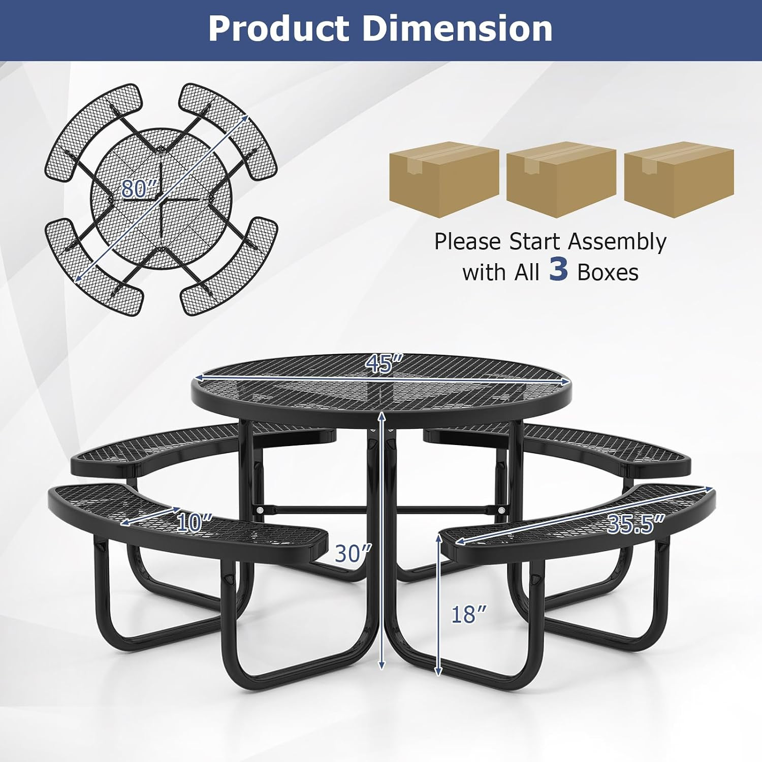 round Picnic Table Set for 8 Persons, 45 Inch Outdoor Table and Bench Set with U