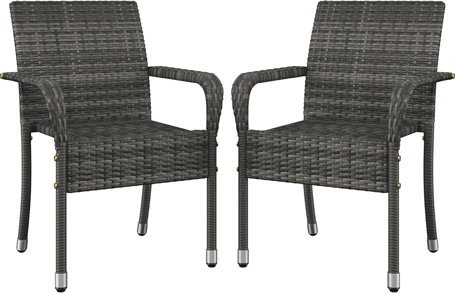 Set of 2 Stackable Steel Frame Outdoor Rattan Dining Chairs, All-Weather Grey