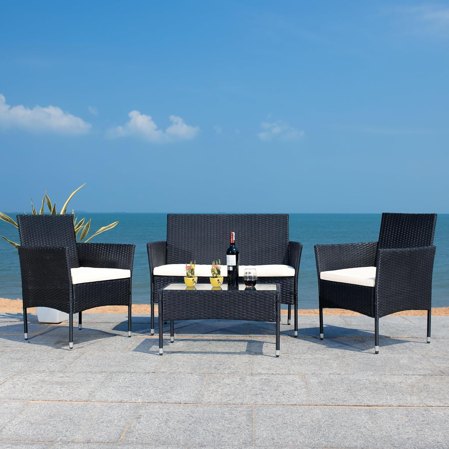 PAT7504A Collection Abdul Black and Beige 4-Piece Outdoor Living Patio Set