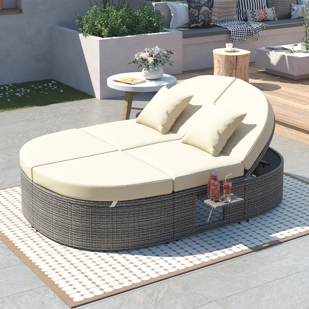 2-Person Rattan Patio Daybed with Cushions, Adjustable Backrest, Foldable