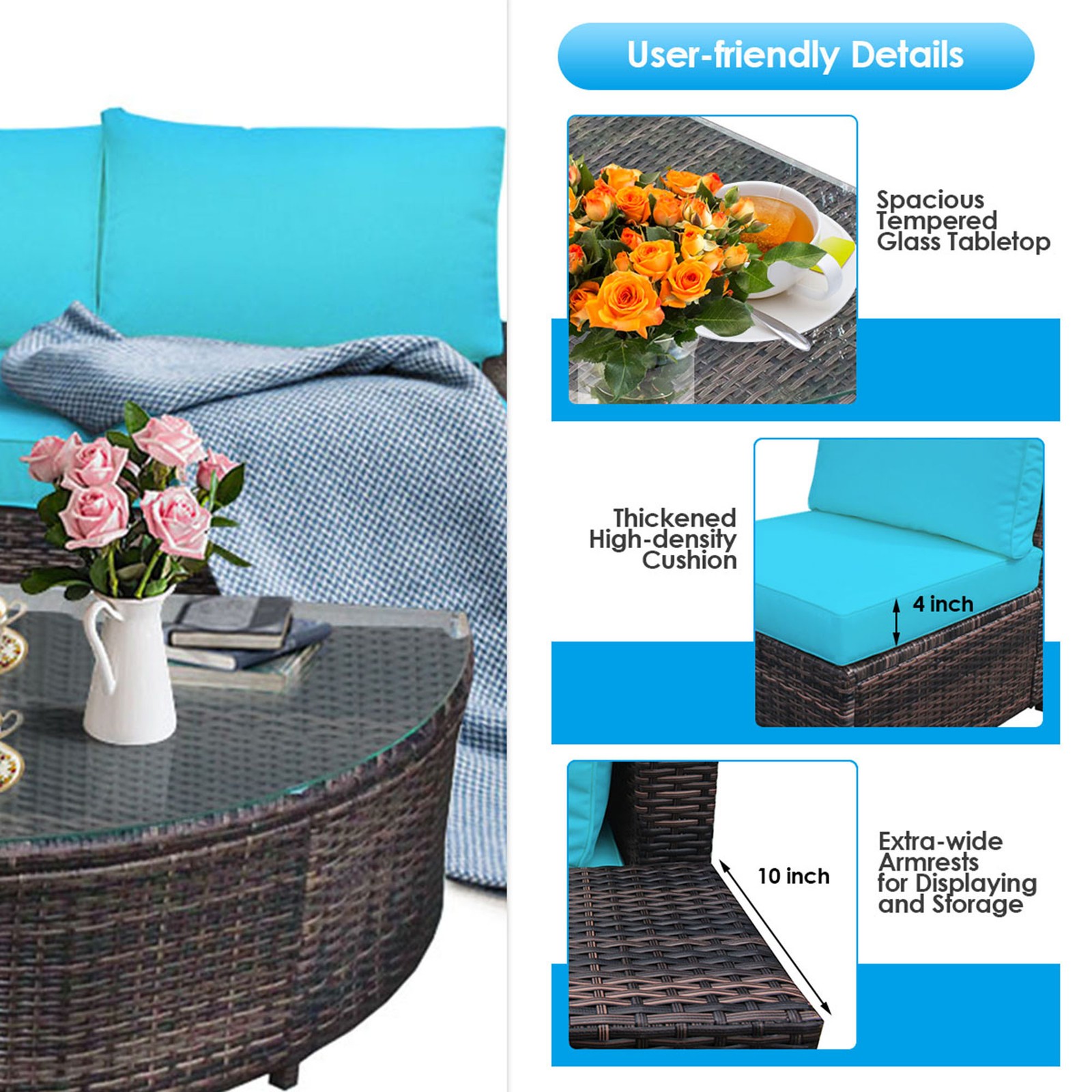 6PCS Wicker Furniture Sectional Sofa Set w/ Cushions Turquoise