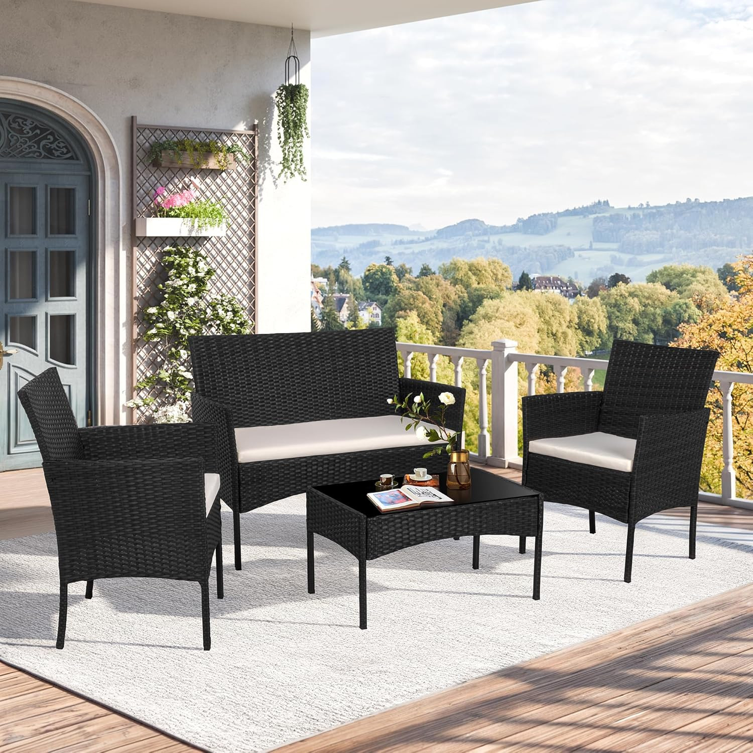 Shintenchi 4 Piece Outdoor Patio Furniture Sets, Small Wicker Patio Conversation