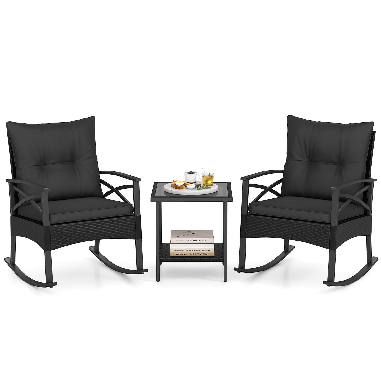 3-Piece Rattan Rocking Bistro Set w/Tempered Glass Tabletop & Cushions for Porch