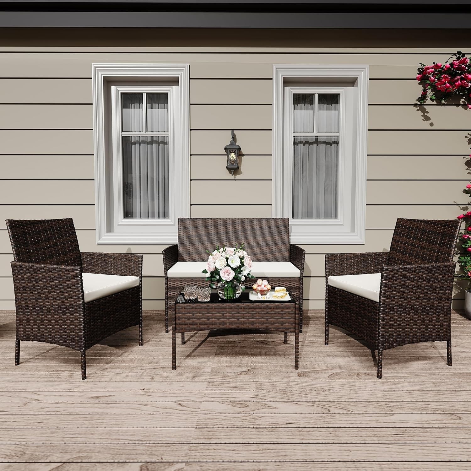 4 Pieces Patio Furniture Sets Outdoor Wicker Conversation Sets W/ Soft Cushion