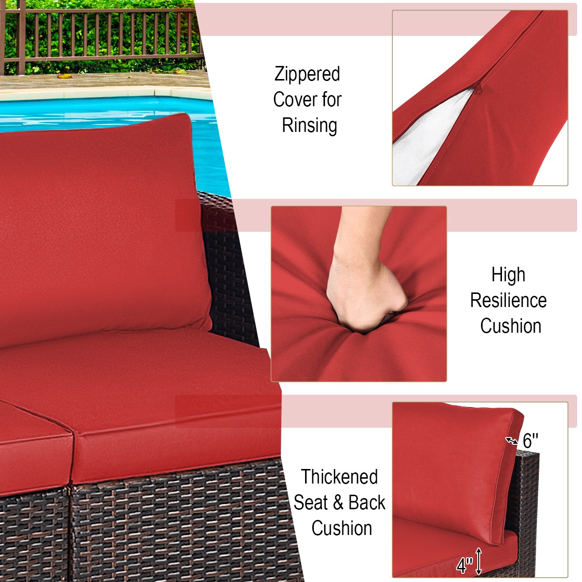 Patiojoy 4PCS Patio Rattan Sofa Set w/ Hand-Woven Rattan & Four Cushions Red