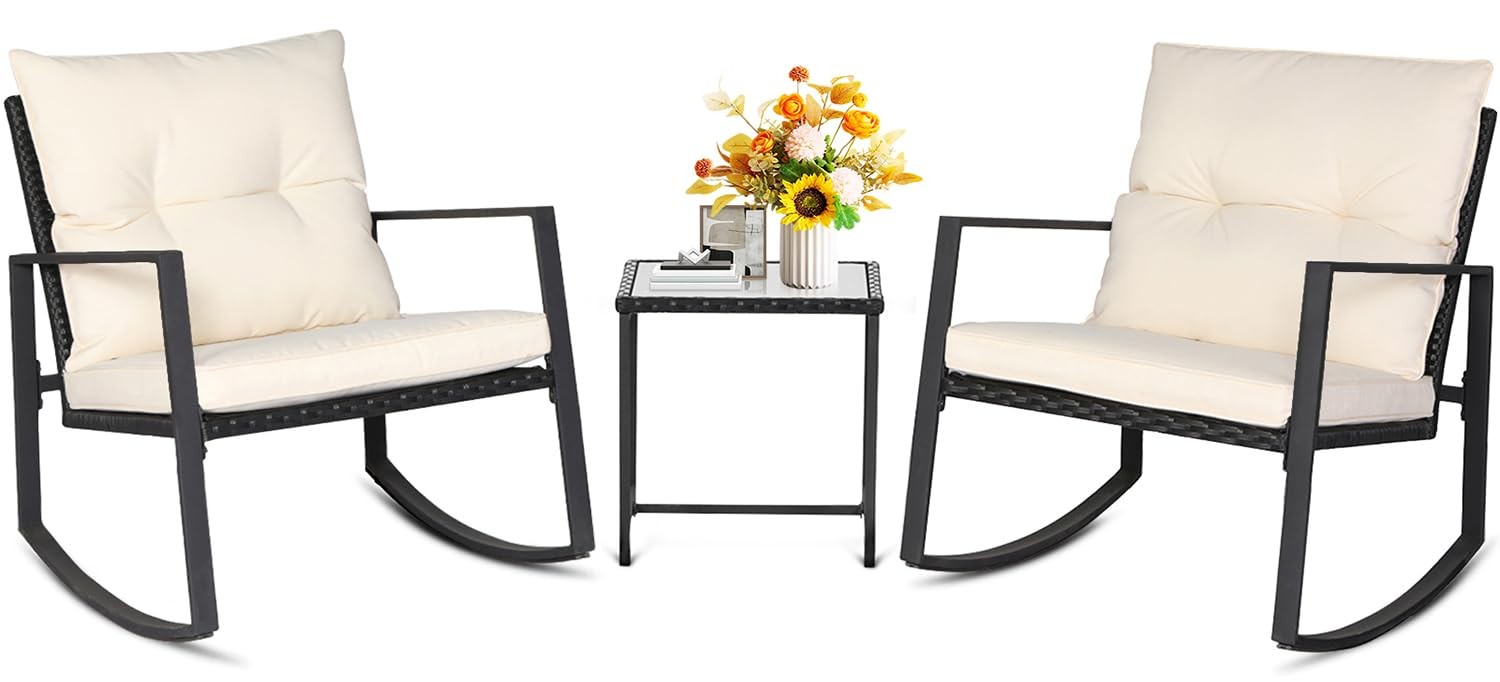 Outdoor 3 Piece Rocking Wicker Bistro Set Black Coffee Table Beige SUNCROWN Sets