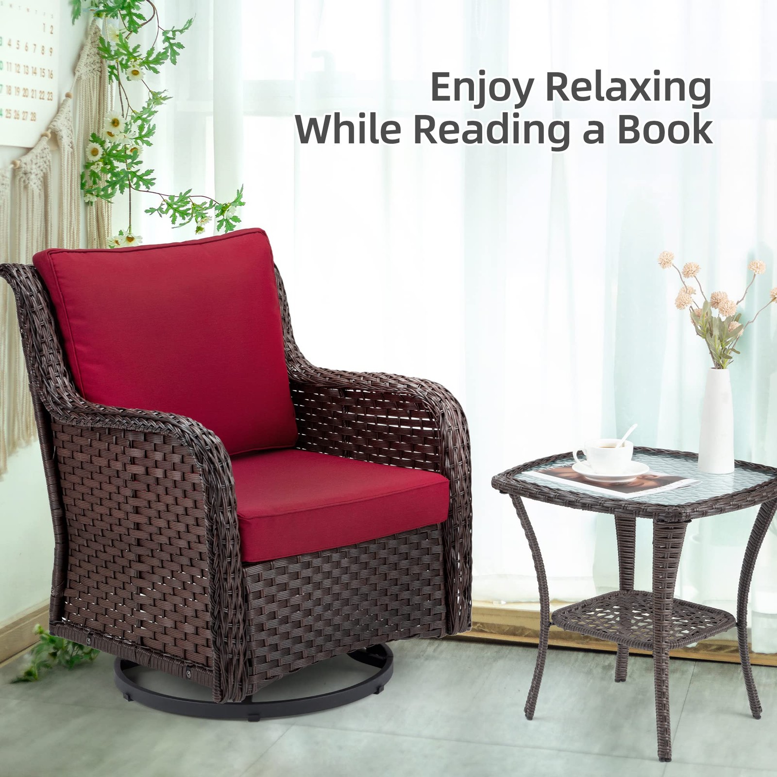 3pcs Outdoor Patio Swivel Rocker Chair Set, Wicker Bistro Chairs Set Furniture