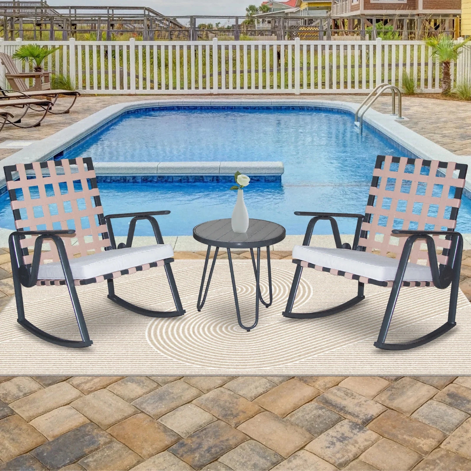 Outdoor 3 Pieces Bristro Set Patio Furniture Rocking Chairs with Coffee Table