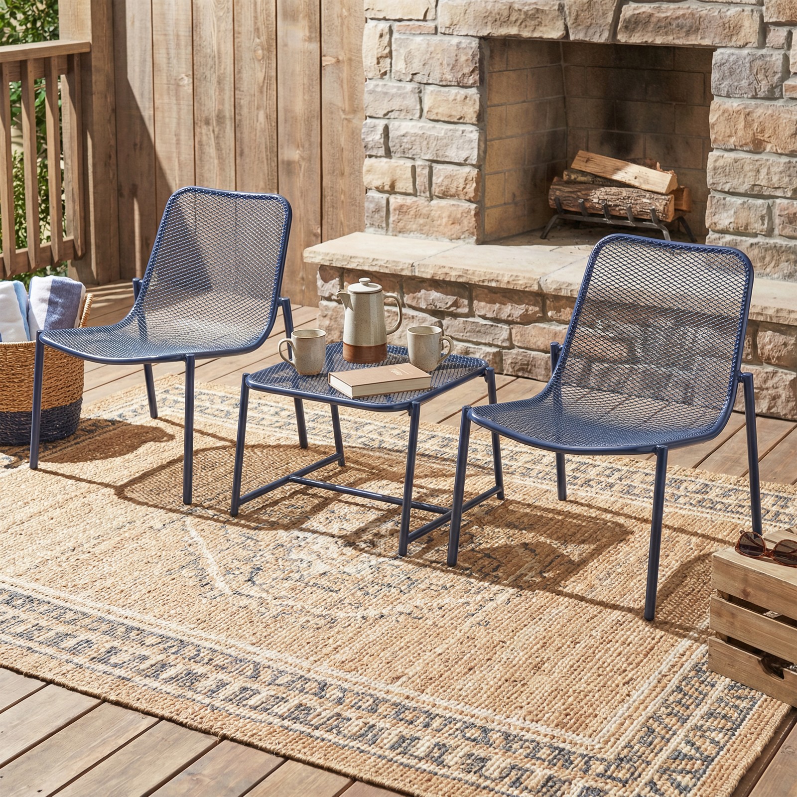 Outdoor 3-Piece Conversation Set with Iron Frame, 2 Chairs & Table, Navy Blue