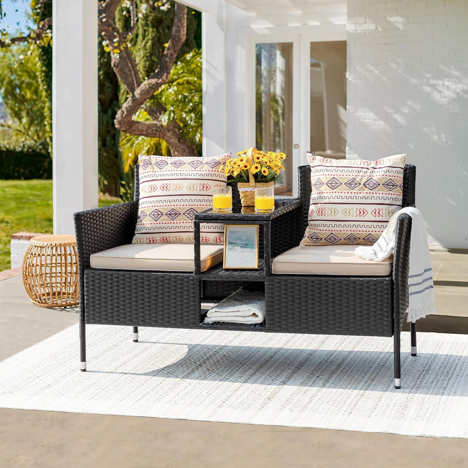 Outdoor Patio Loveseat Modern Rattan 2-Seat Patio Conversation Set with Cushions