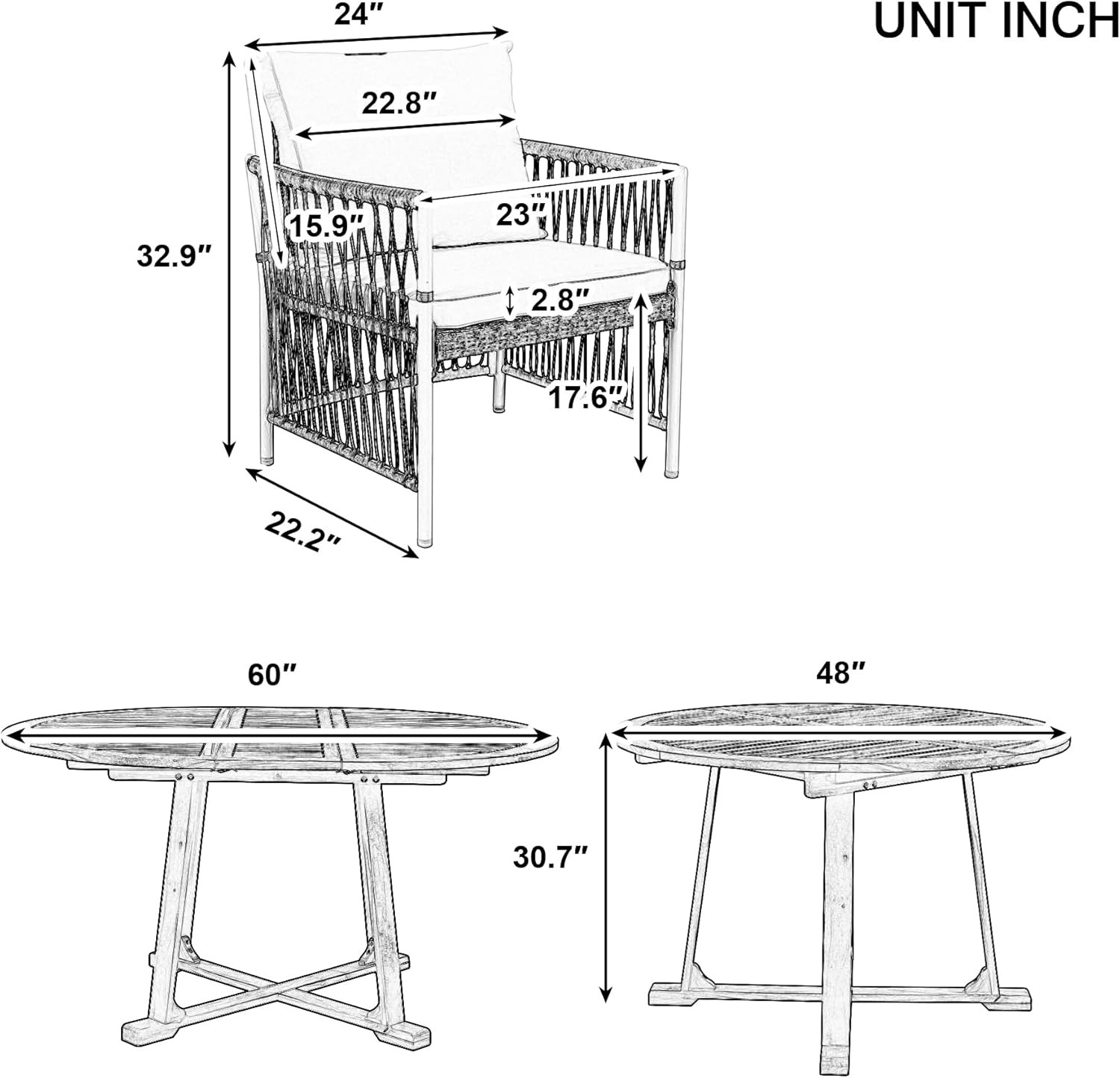 5-Piece Acacia Wood Patio Dining Set with Rattan Chairs & Cushions