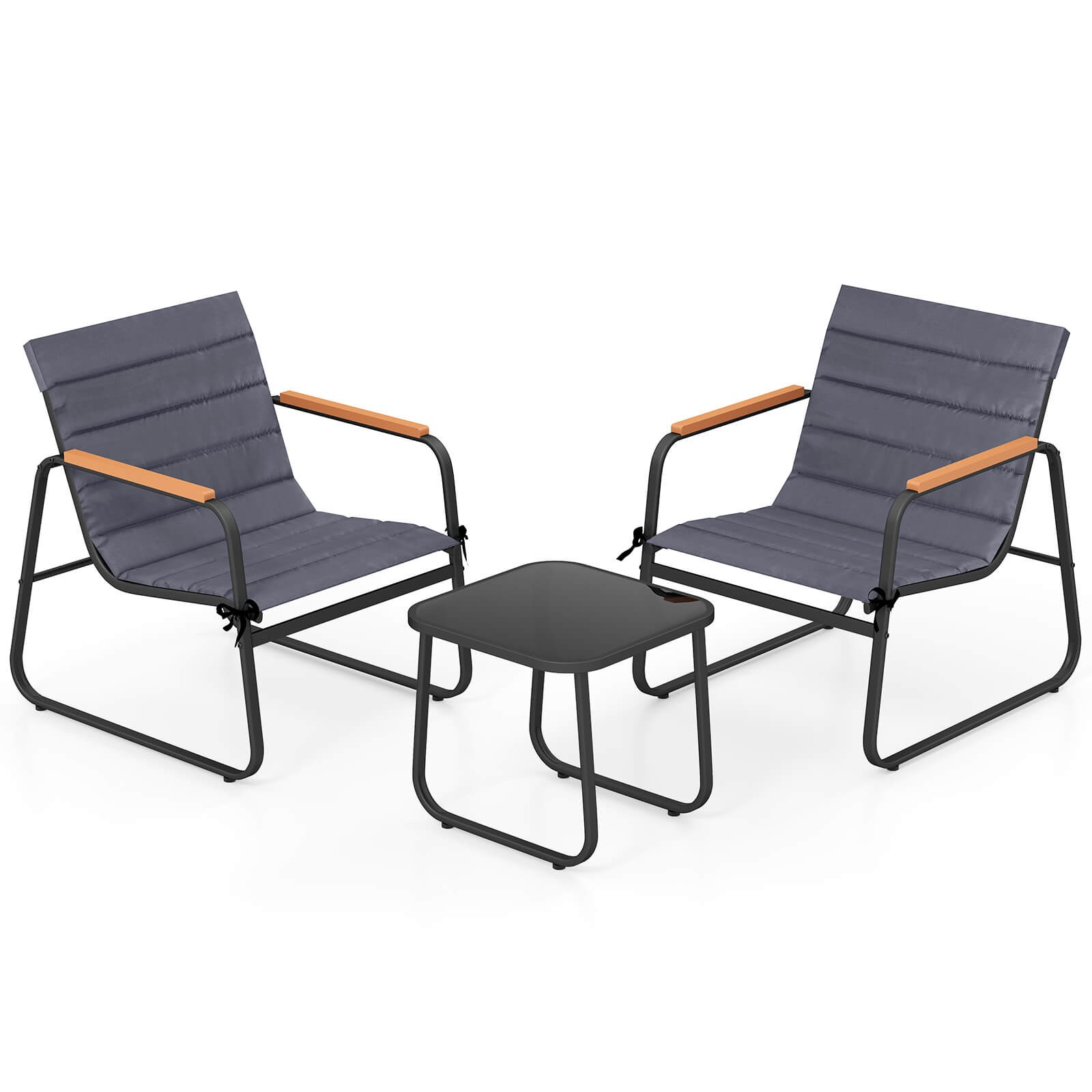 3PCS Patio Bistro Set w/Cushions & Tempered Glass Coffee Table for Lawn, Balcony
