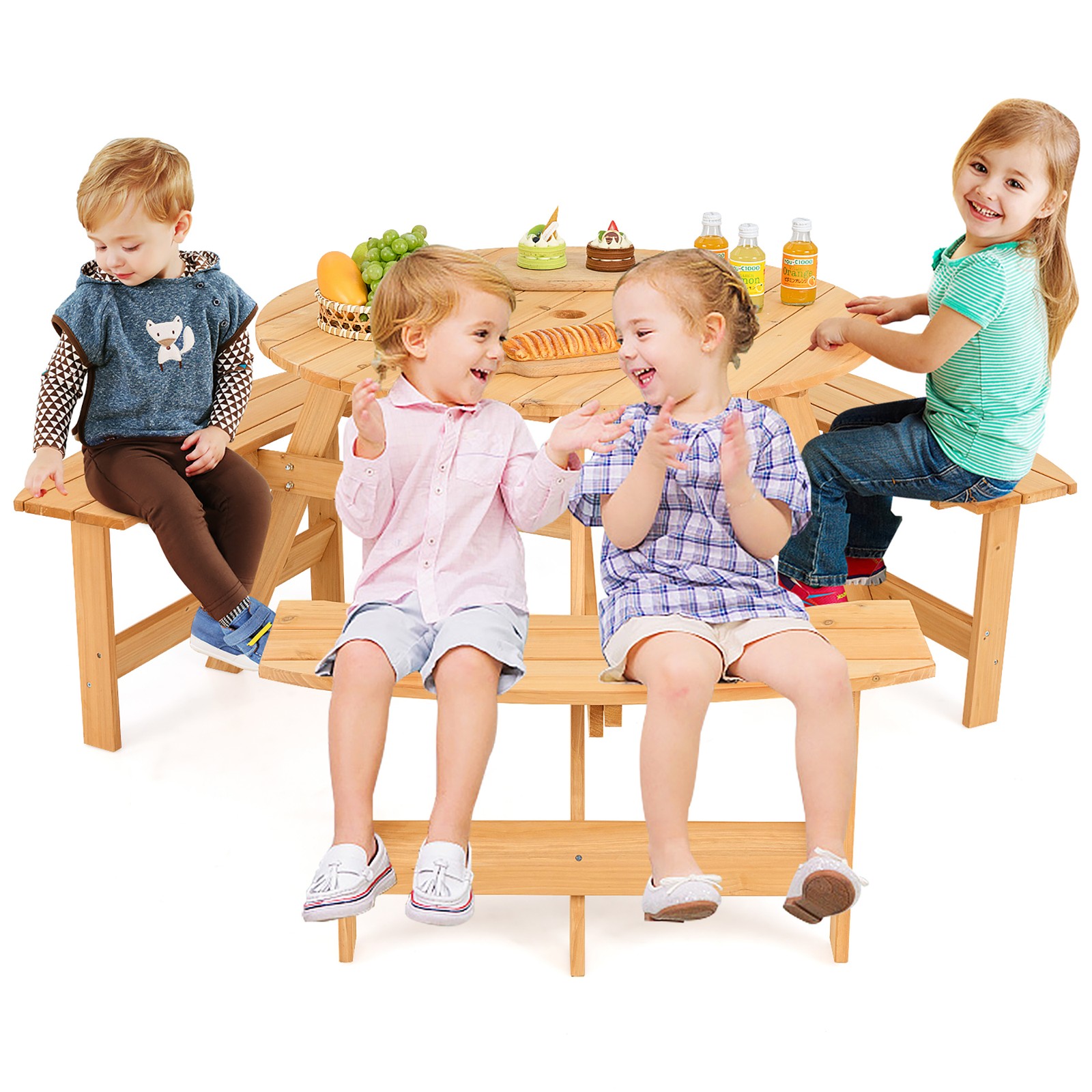 Kids Outdoor Wooden Picnic Table & Bench Set w/Umbrella Hole & Built-in Seats