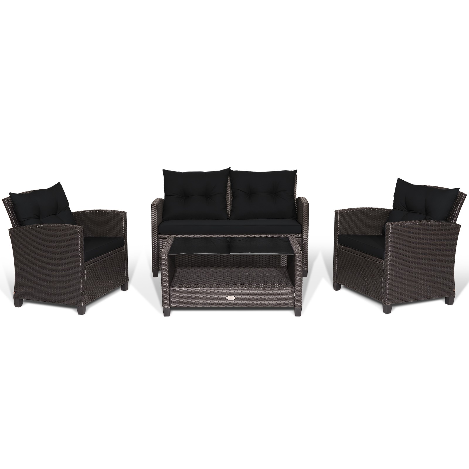 Patiojoy Patio Rattan 4PCS Cushioned Chair Coffee Table Classic Furniture Set