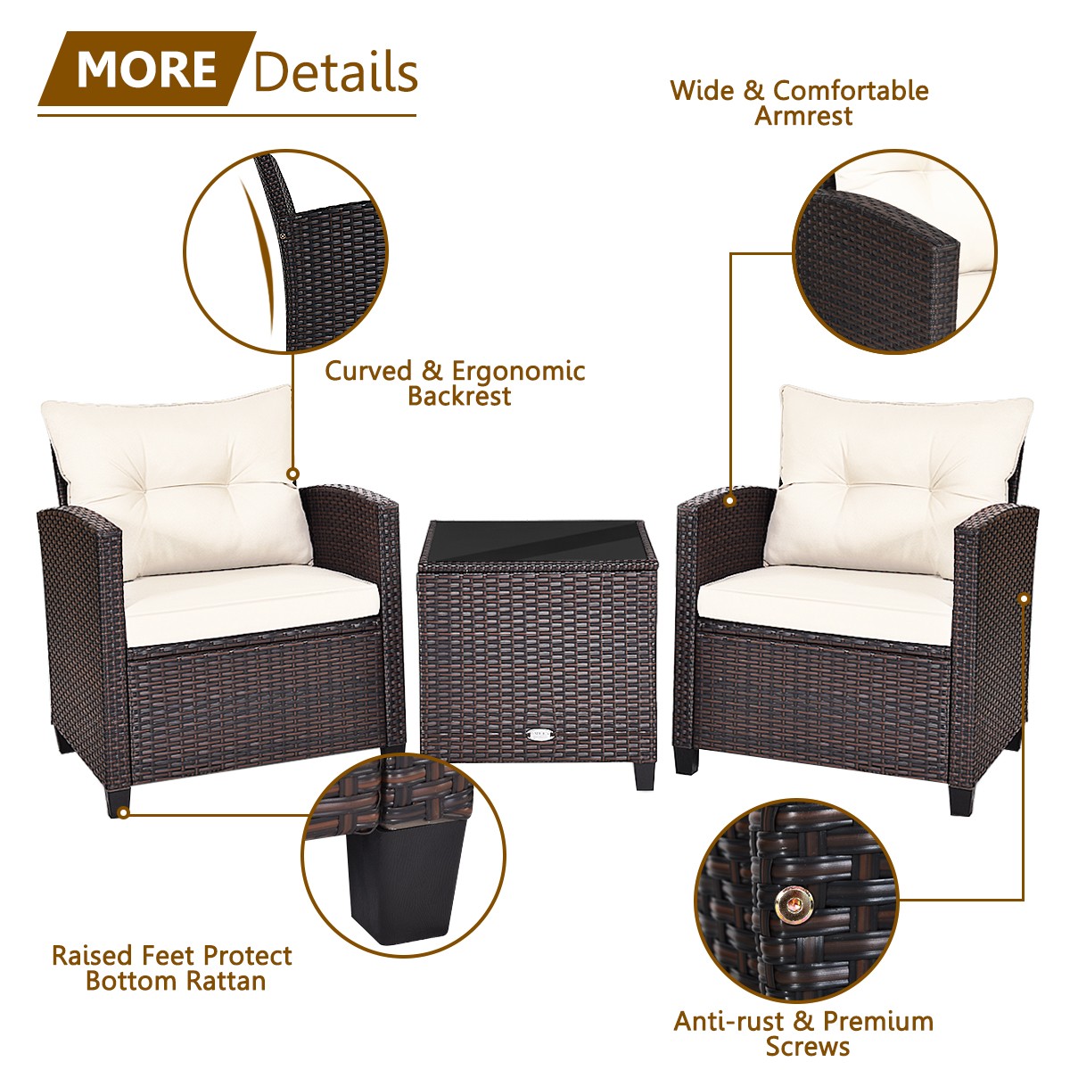 3PCS Patio Rattan Furniture Set Cushioned Sofa Coffee Table Garden off White