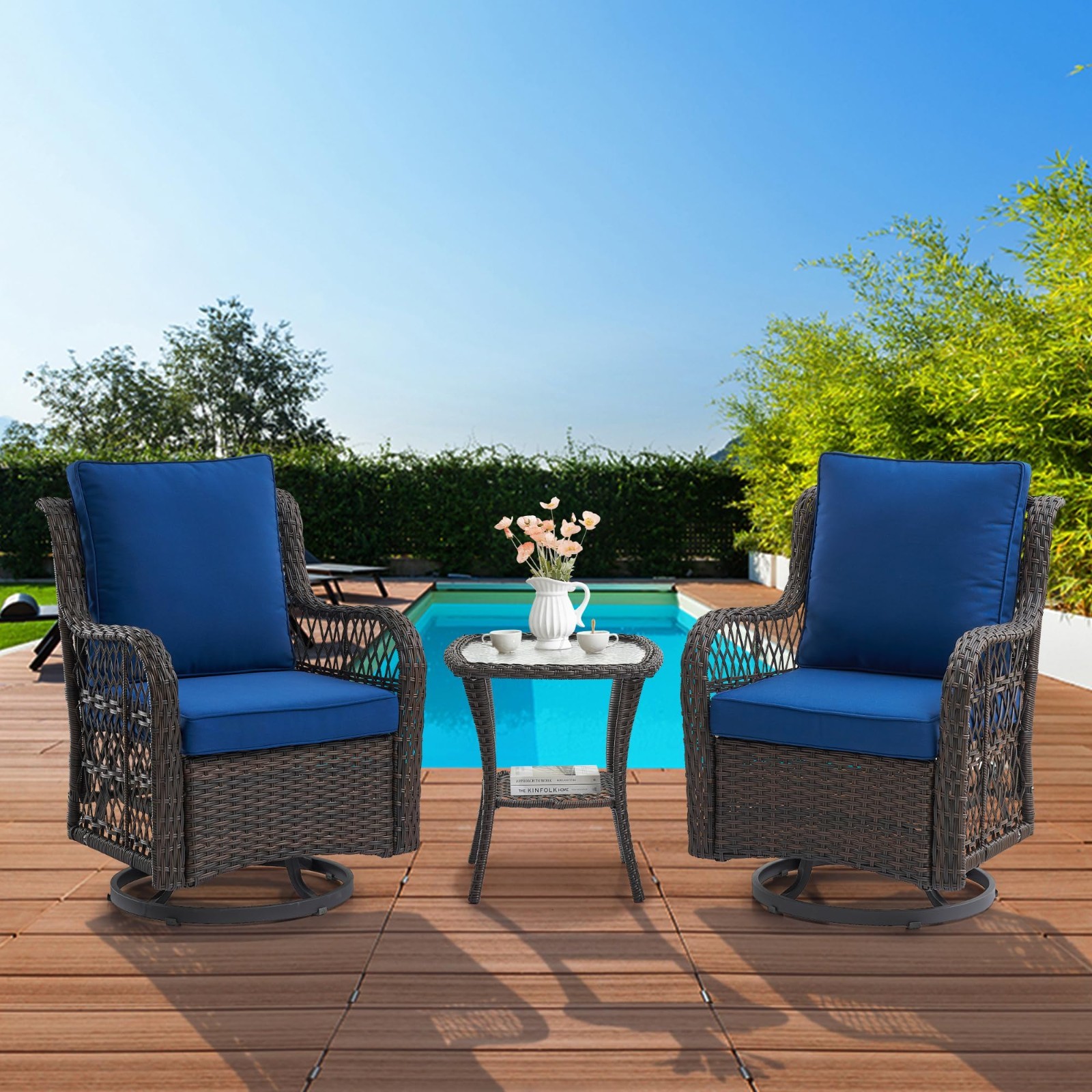 3-Piece Outdoor Wicker Bistro Set w/2 Swivel Chairs &Side Table, Patio Furniture
