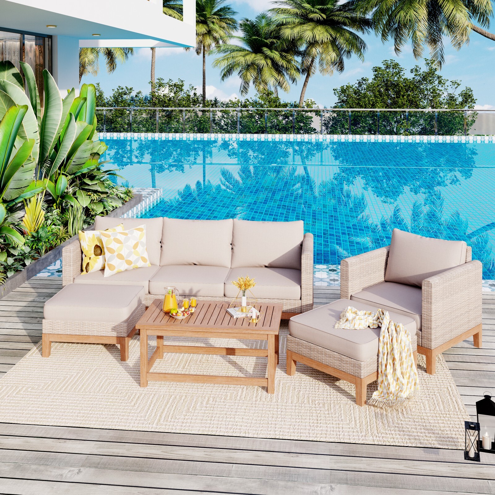 6 Seat Outdoor Sectional Sofa Set with Coffee Table Patio Sofa with Cushion