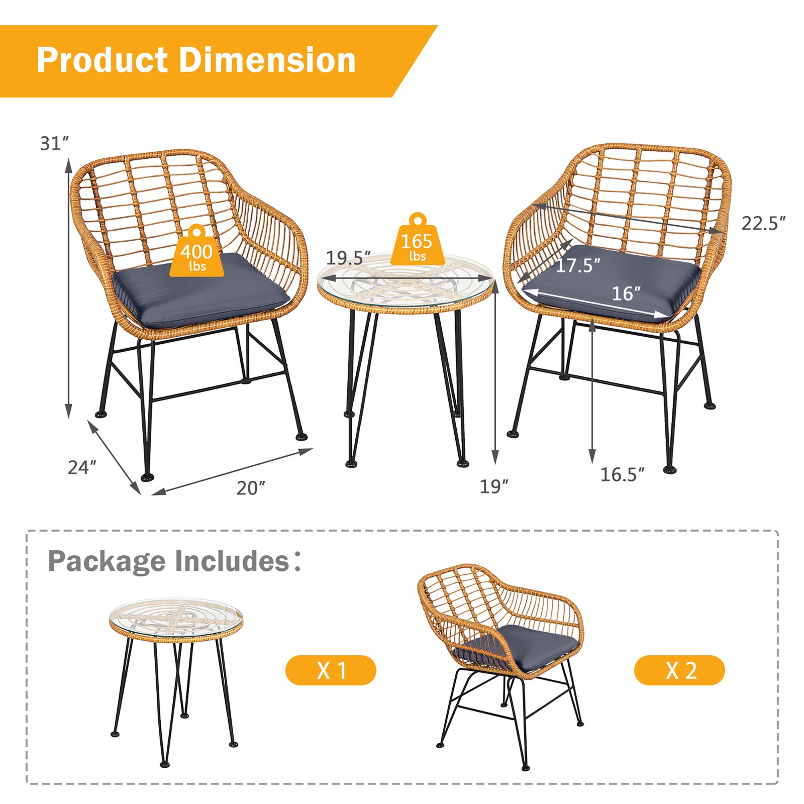 3PCS Rattan Patio Bistro Set Conversation Furniture Set w/ Grey Cushions