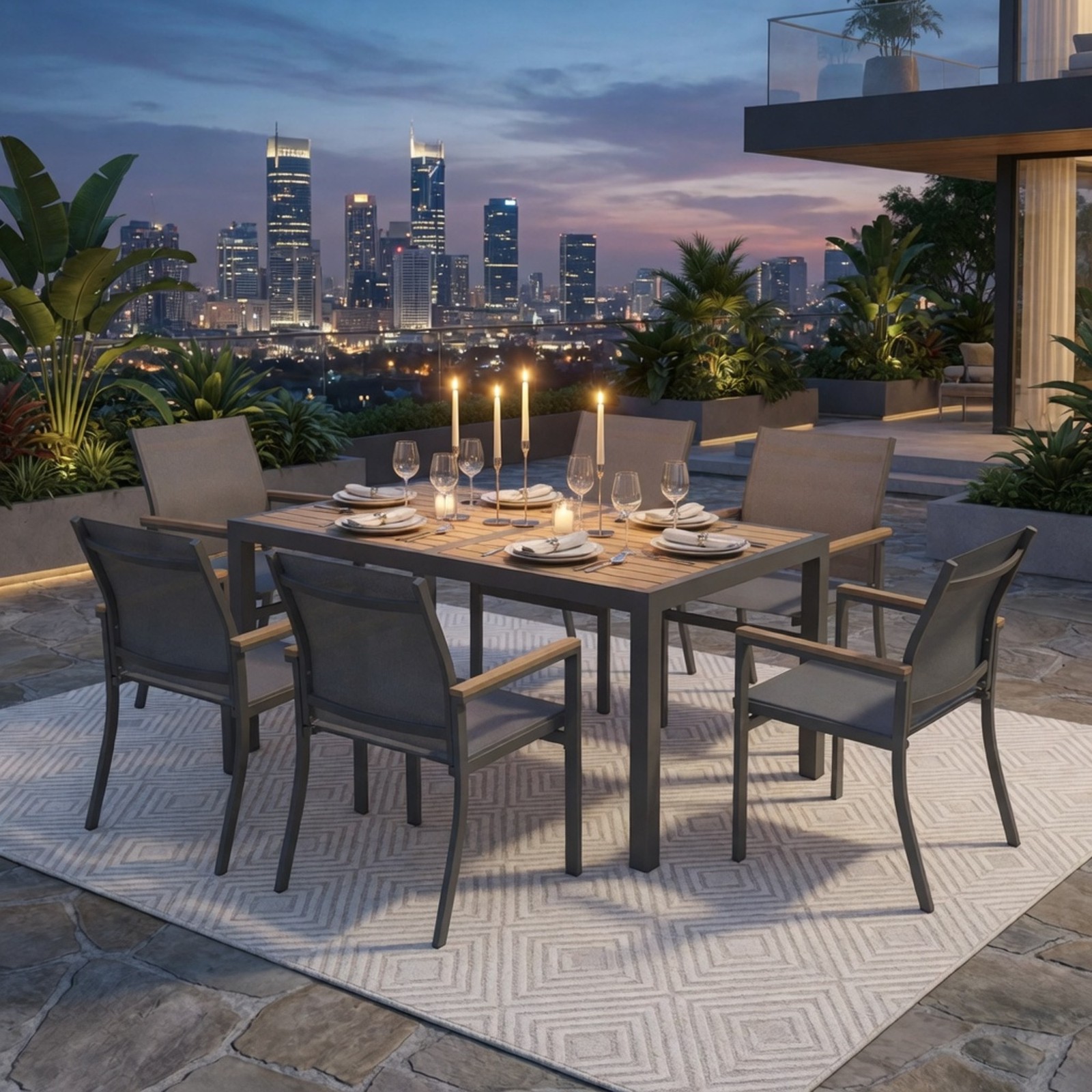 7-Piece Gray Aluminum Patio Dining Set, 6-Seat 59″ Table & Textilene Chairs