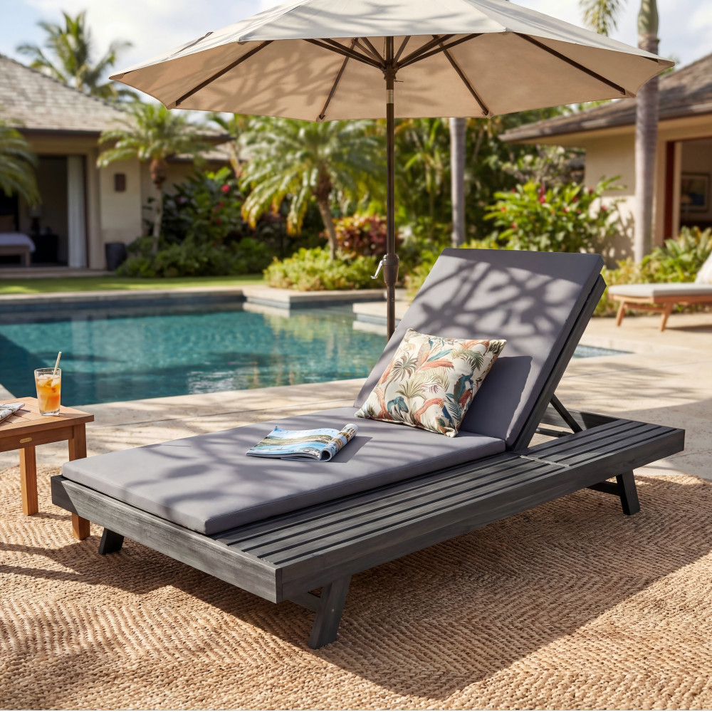 Adjustable Outdoor Chaise Lounge Set w/ Water-Resistant Acacia Wood Cushion