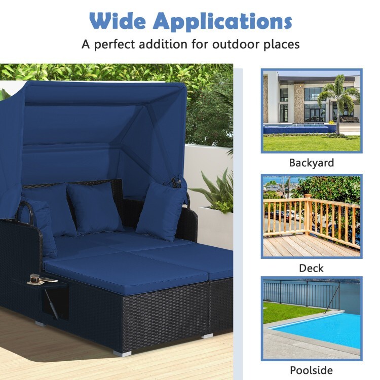 Patio Rattan Daybed Lounge Canopy Navy Cushions Outdoor Furniture W/ Side Tables