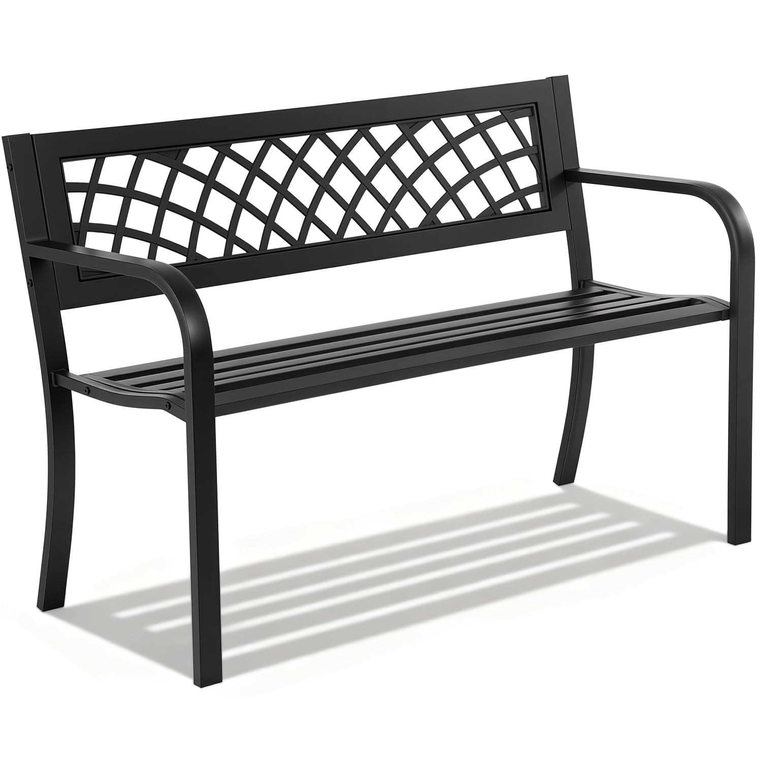 Outdoor Garden Bench – Iron Steel Frame Patio Seating, Mesh Pattern, Plastic Bac