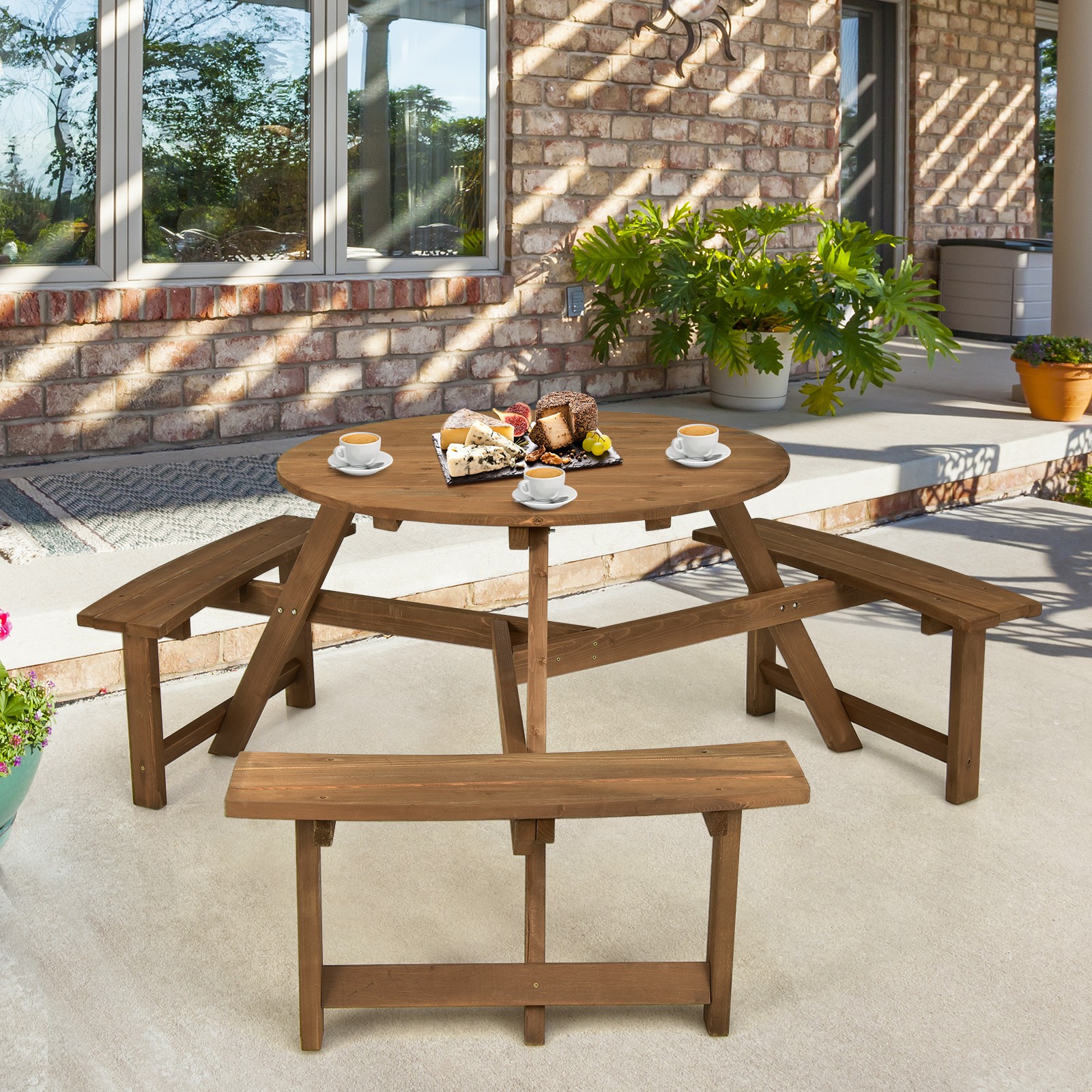 6-person Round Wooden Picnic Table Outdoor Table w/ Umbrella Hole & Benches