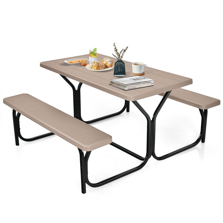 HDPE Rectangular Patio Picnic Table Bench Set Camping Dining Seat W/ Metal Base