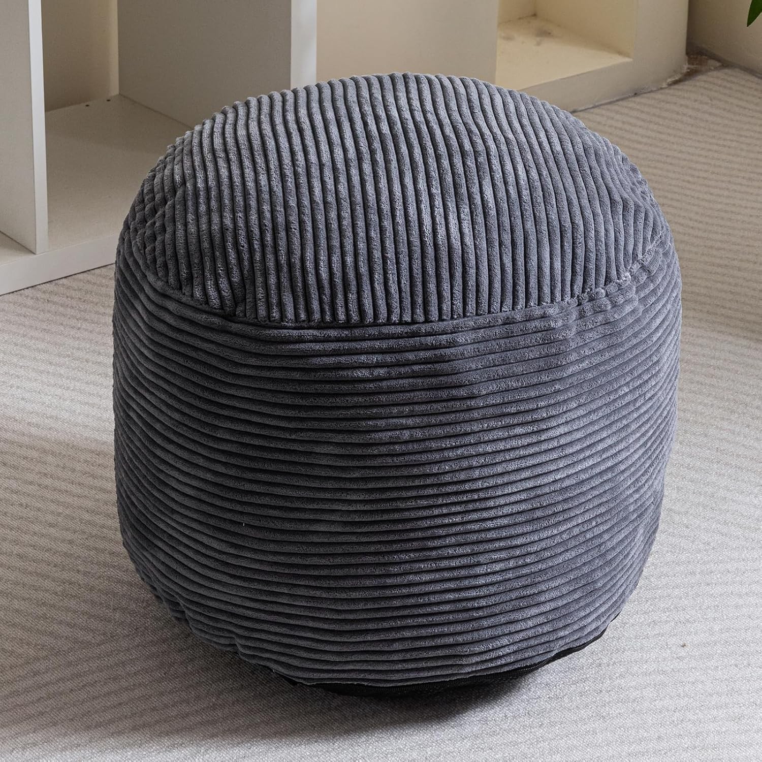 HIGOGOGO Round Stuffed Pouf Ottoman, Corduroy Poufs with 20 inch, Dark Grey