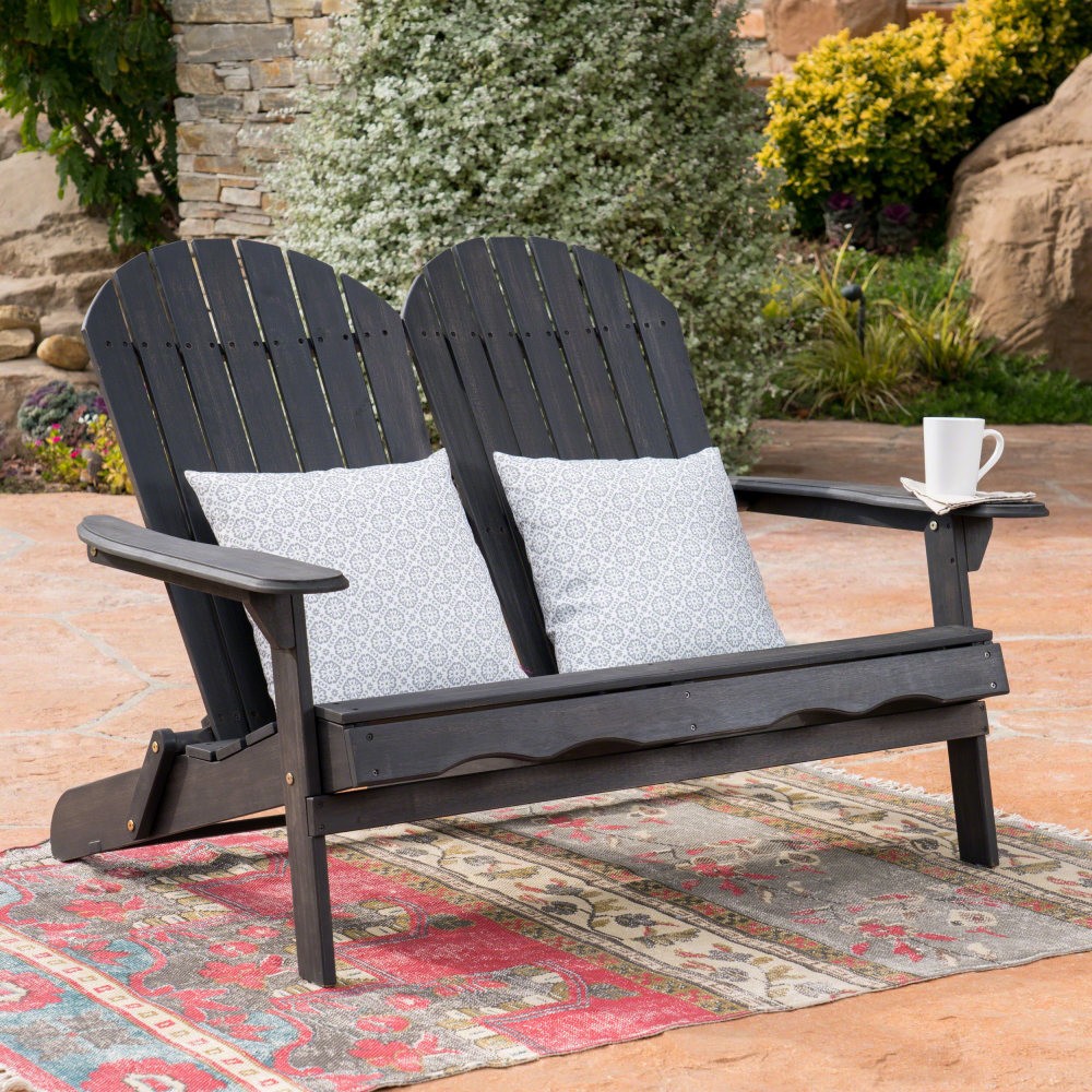 Dark Grey Acacia Wood Adirondack Outdoor Slat Back Patio Garden Bench