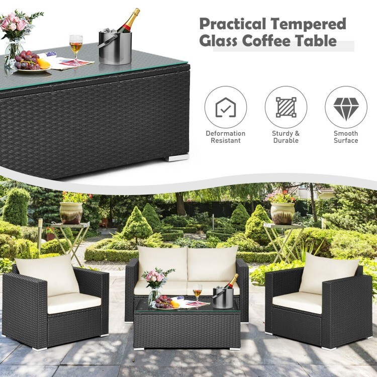 4-Pieces Patio Rattan Wicker Furniture Set Outdoor Sectional Sofa White Cushions