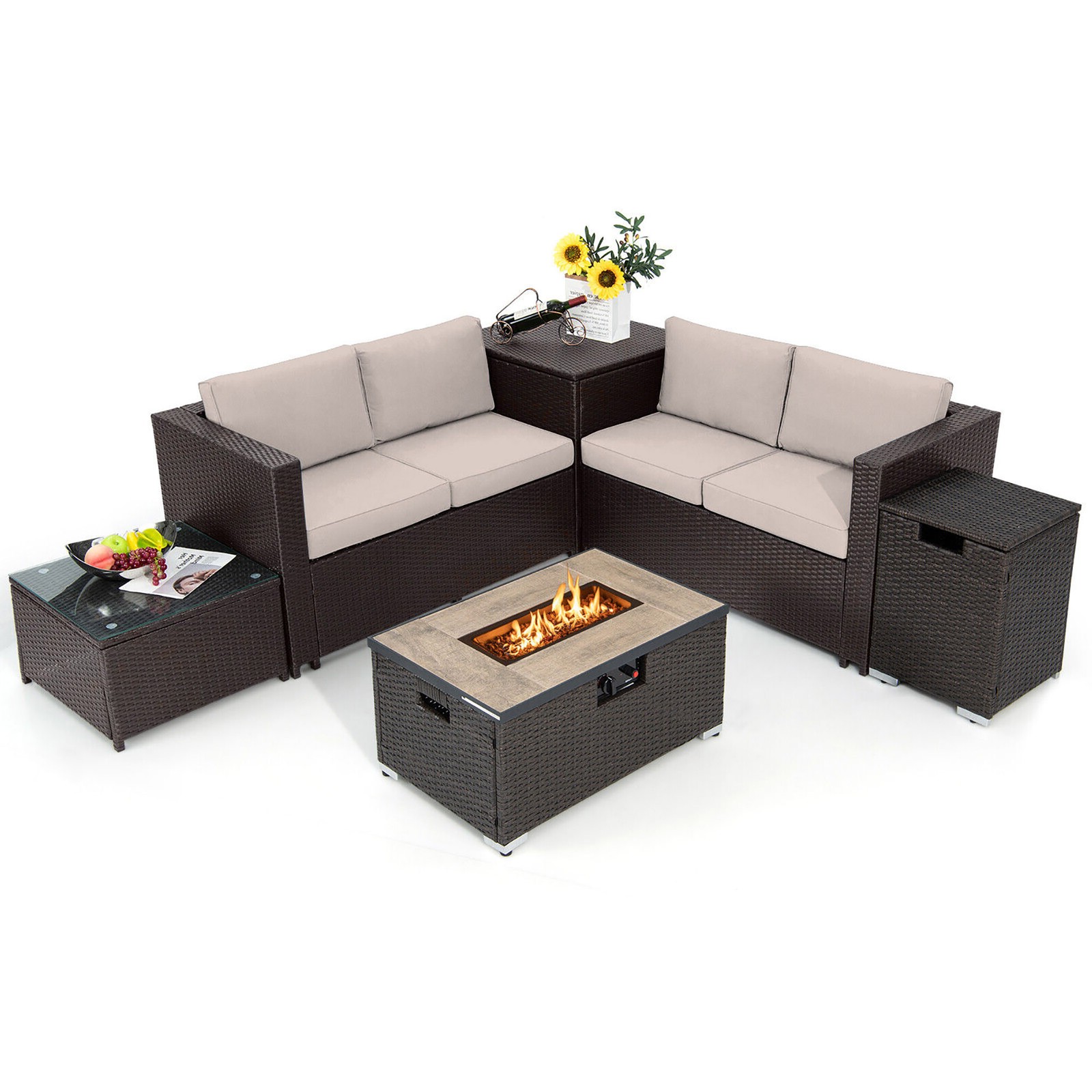 6PCS Patio Sofa & Fire Table Set Rattan Sectional Sofa Set w/Storage Box Beige